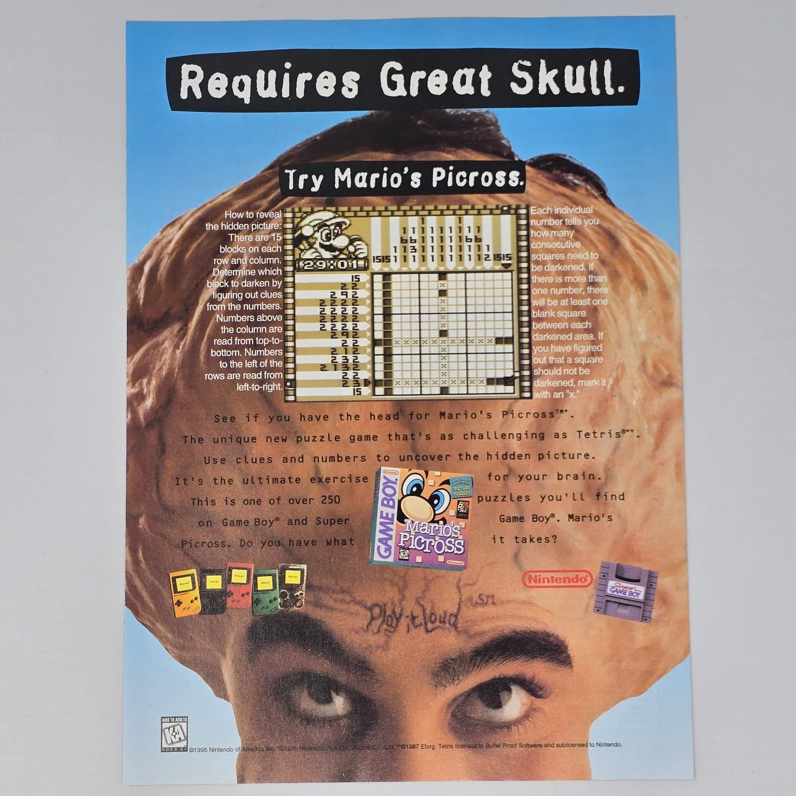 Mario's Picross Nintendo Game Boy Great Skull Print Ad/Poster