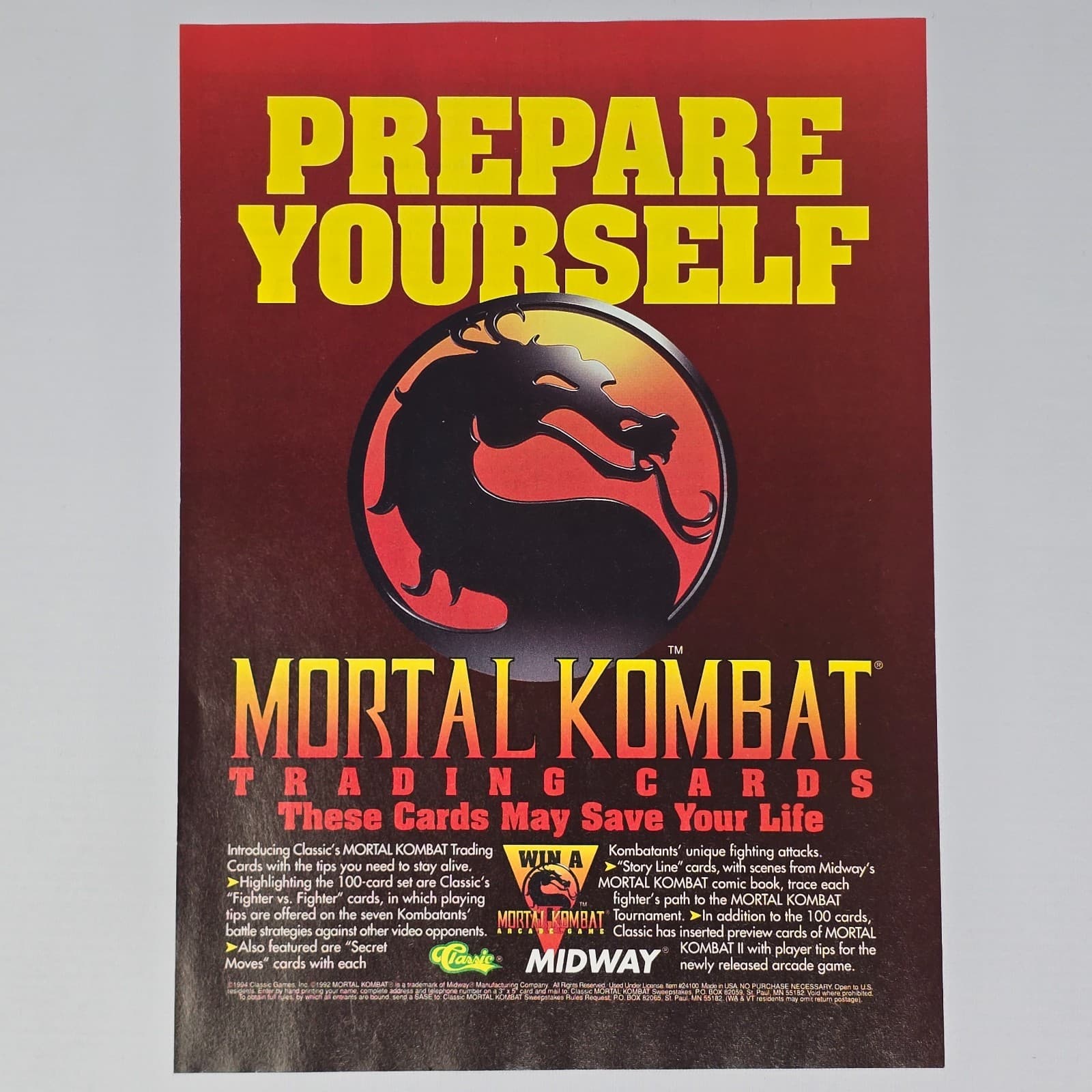 Mortal Kombat Trading Cards Prepare Yourself Print Ad/Poster
