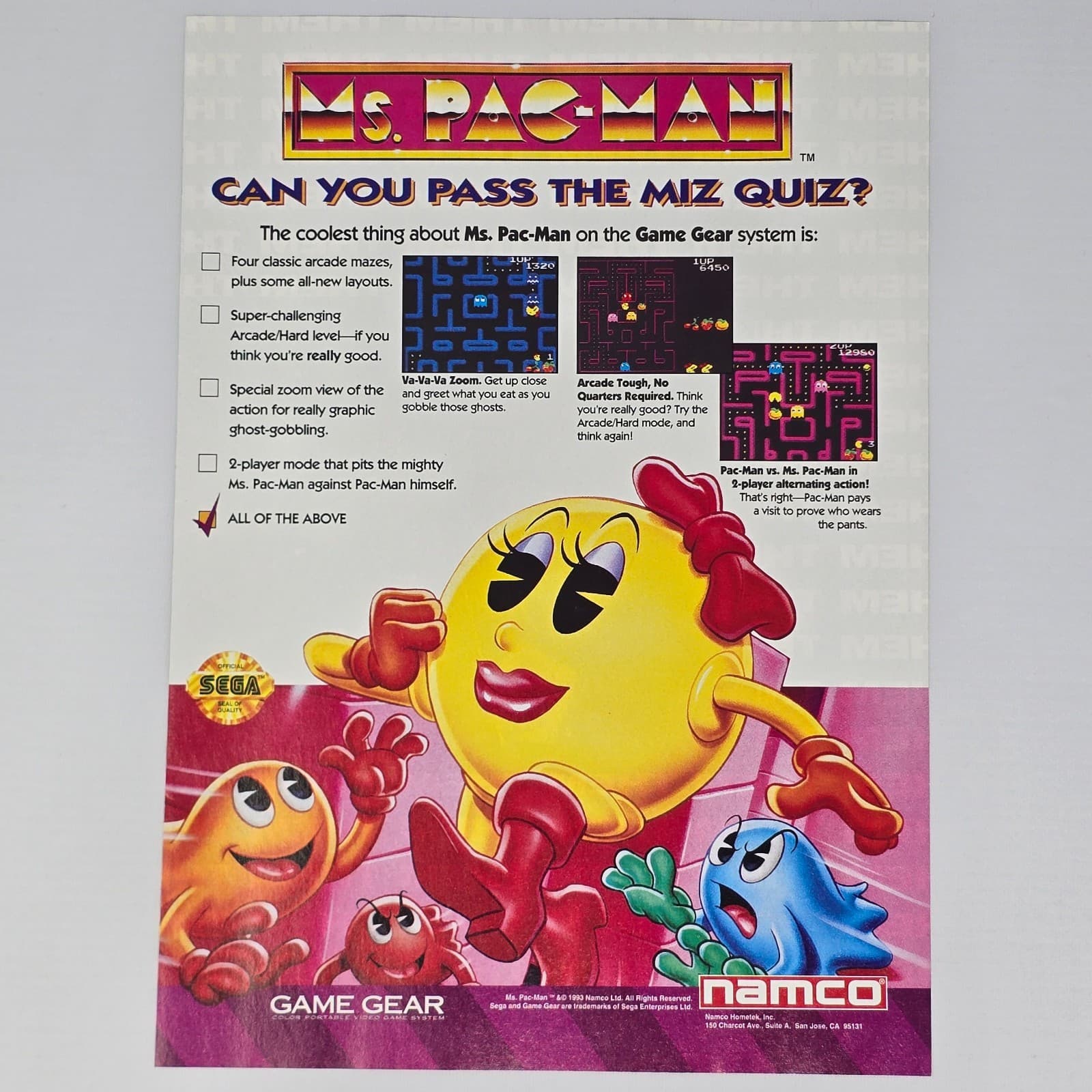 MS Pac Man Sega Game Gear Can You Pass Print Ad/Poster
