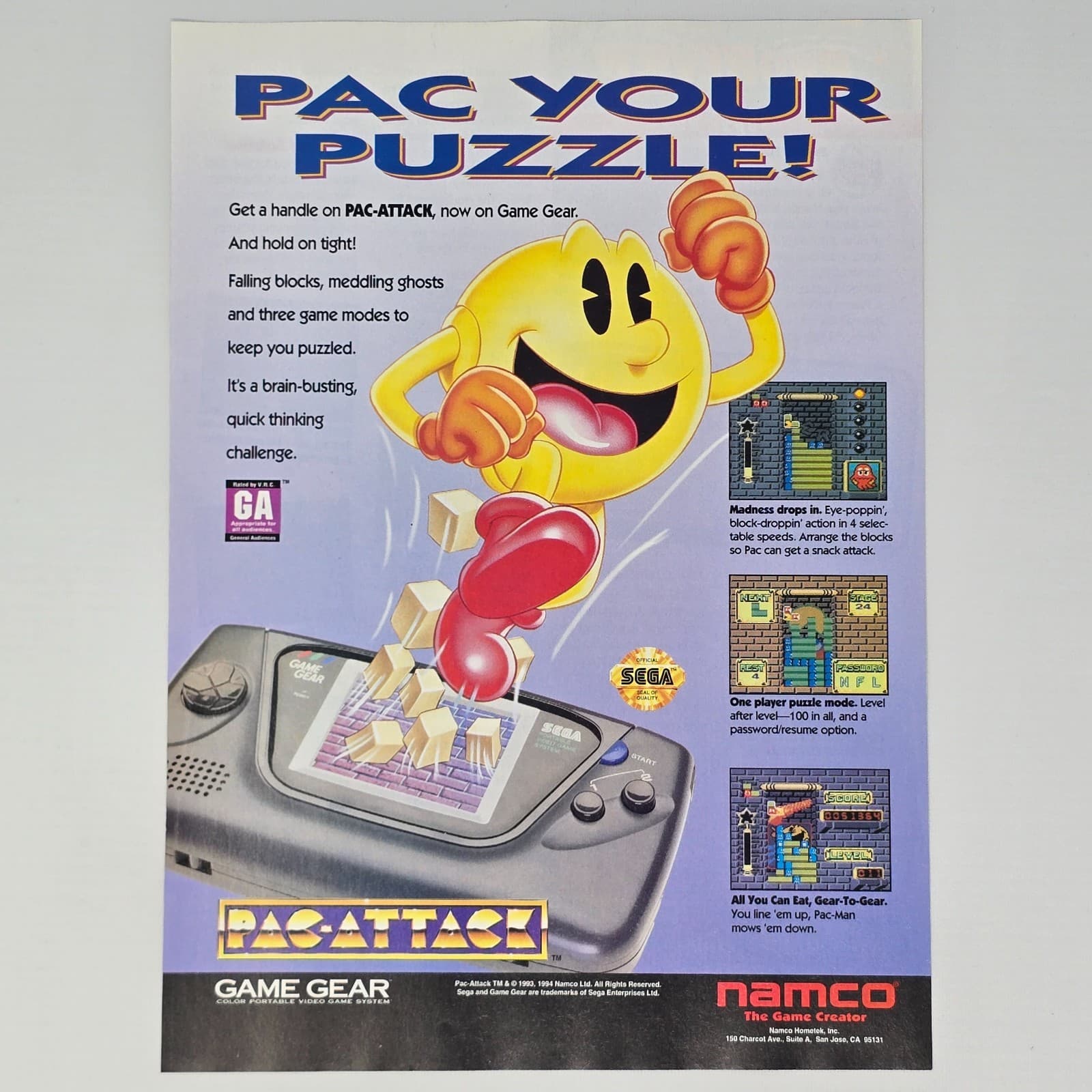Pac Attack Sega Game Gear Your Puzzle Print Ad/Poster