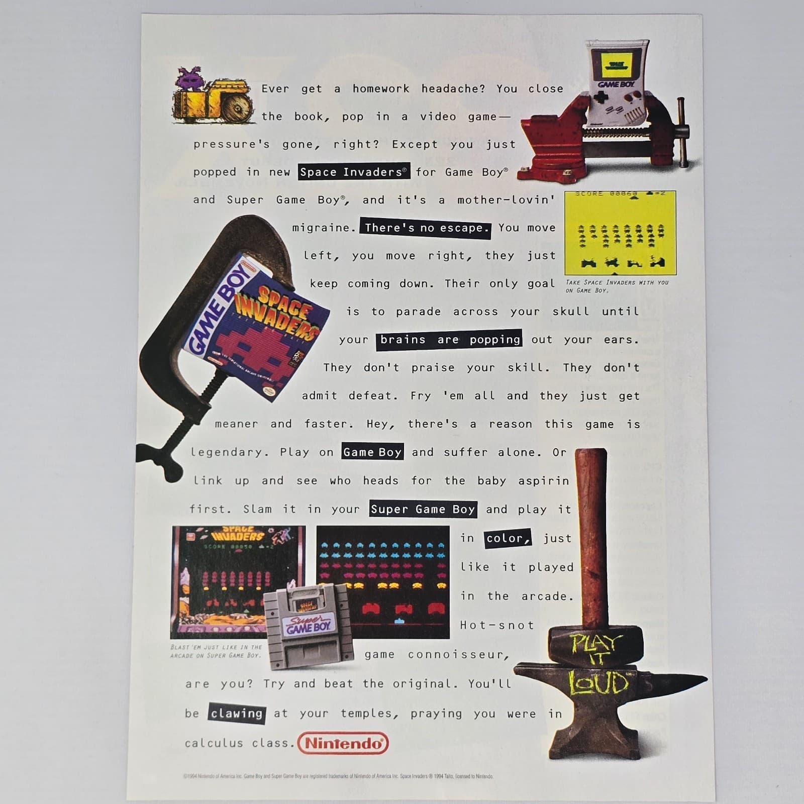 Space Invaders Nintendo Game Boy Homework Headache Print Ad/Poster