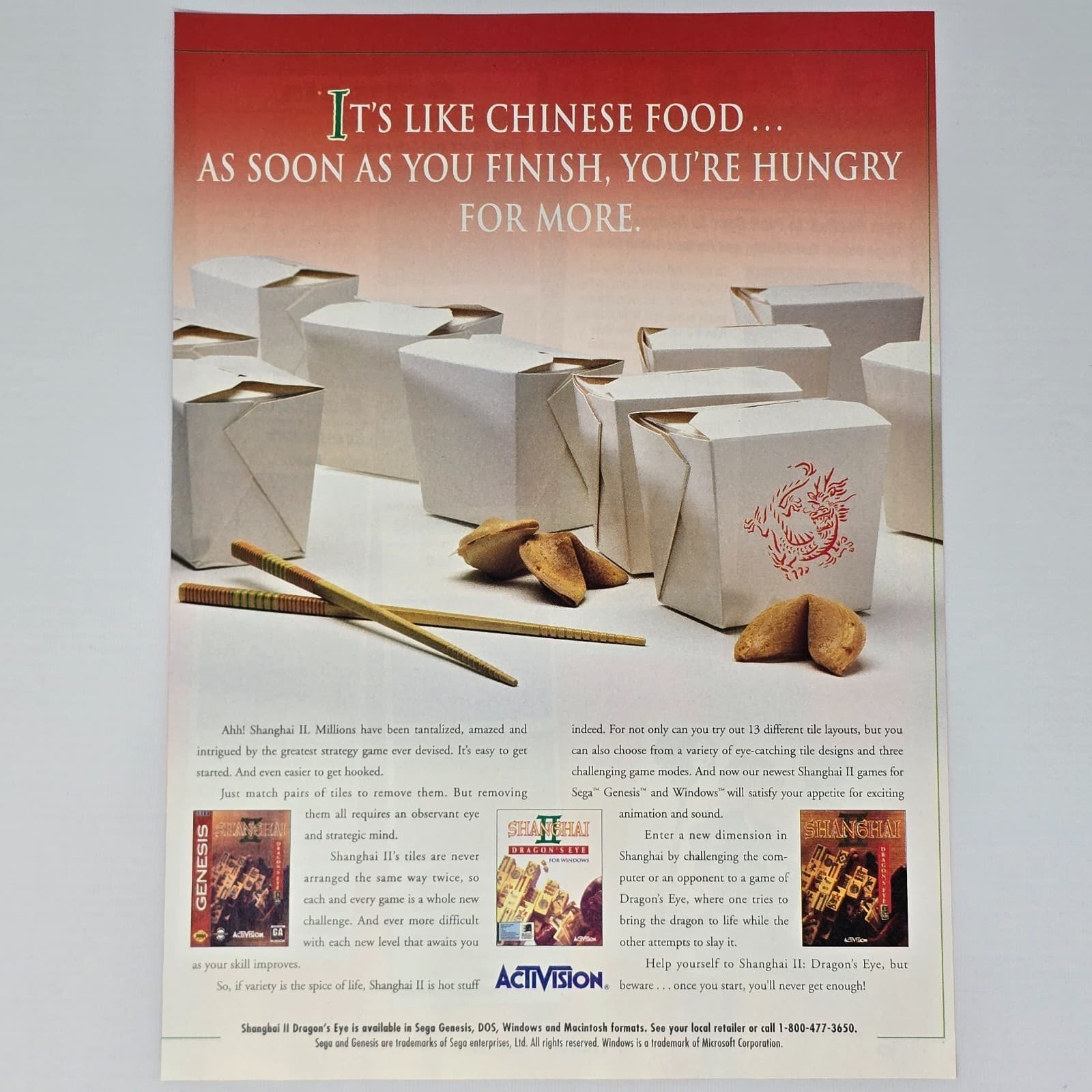 Shanghai Dragon's Eye Sega Genesis You're Hungry Print Ad/Poster