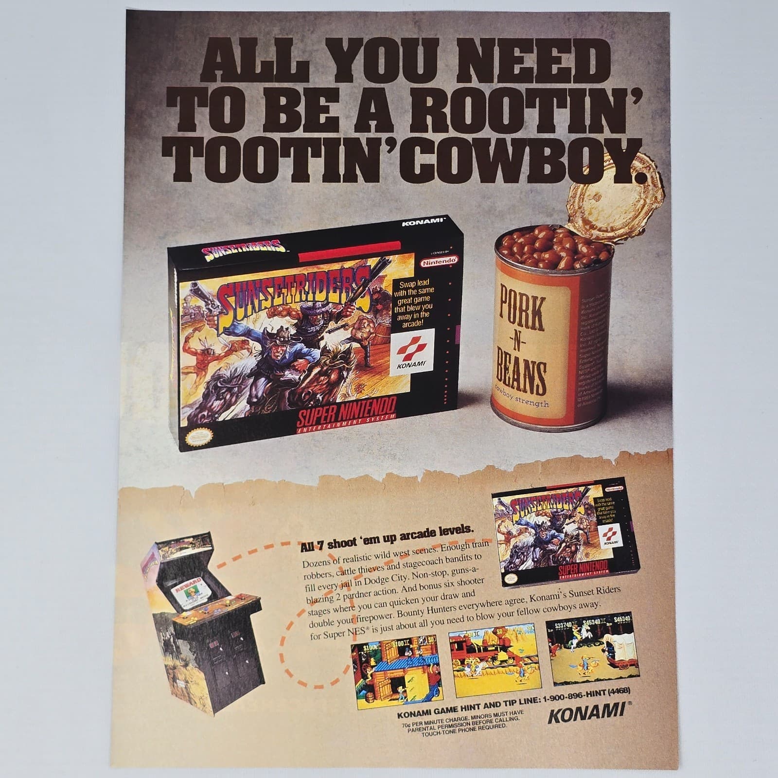 Sunset Riders Super Nintendo SNES Tootin Cowboy Print Ad/Poster