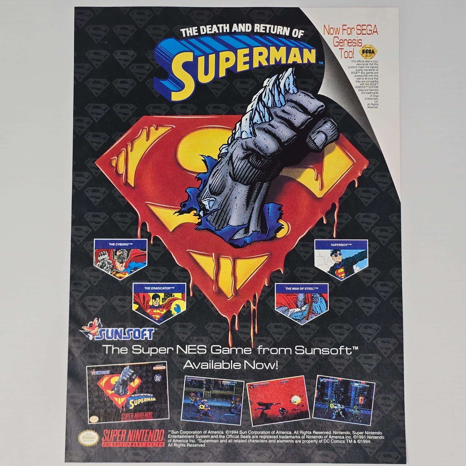 Death And Return Of Superman SNES Genesis Sunsoft Print Ad/Poster