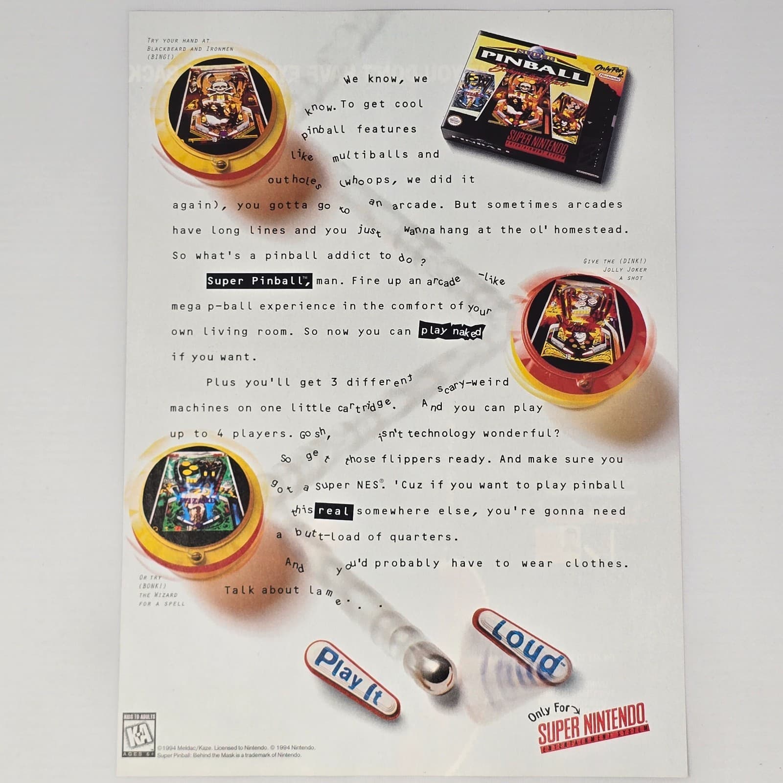 Super Pinball Super Nintendo SNES Homestead Print Ad/Poster