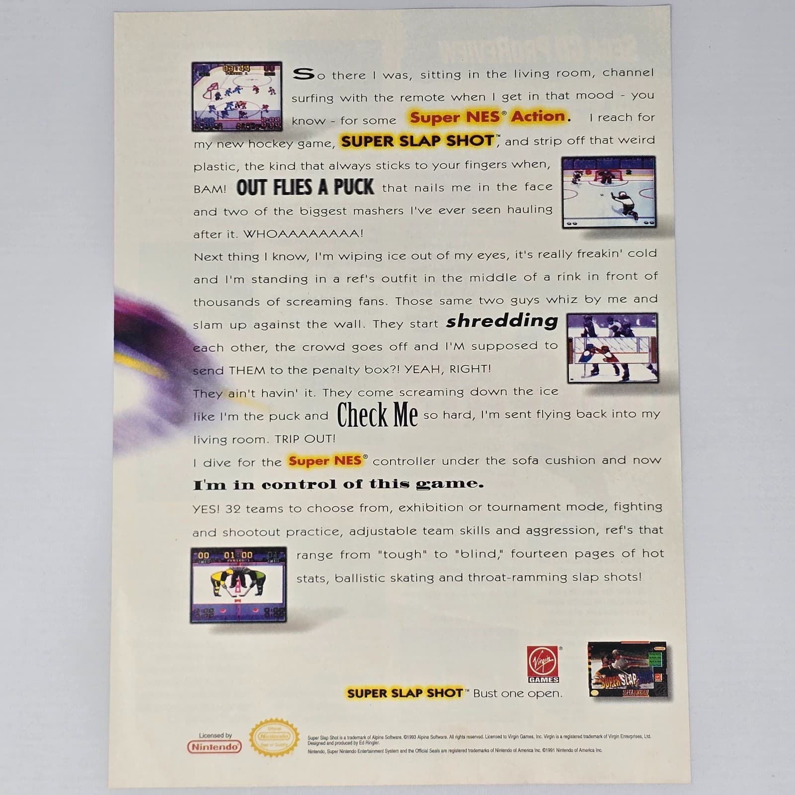 Super Slap Shot SNES Flies A Puck Print Ad/Poster
