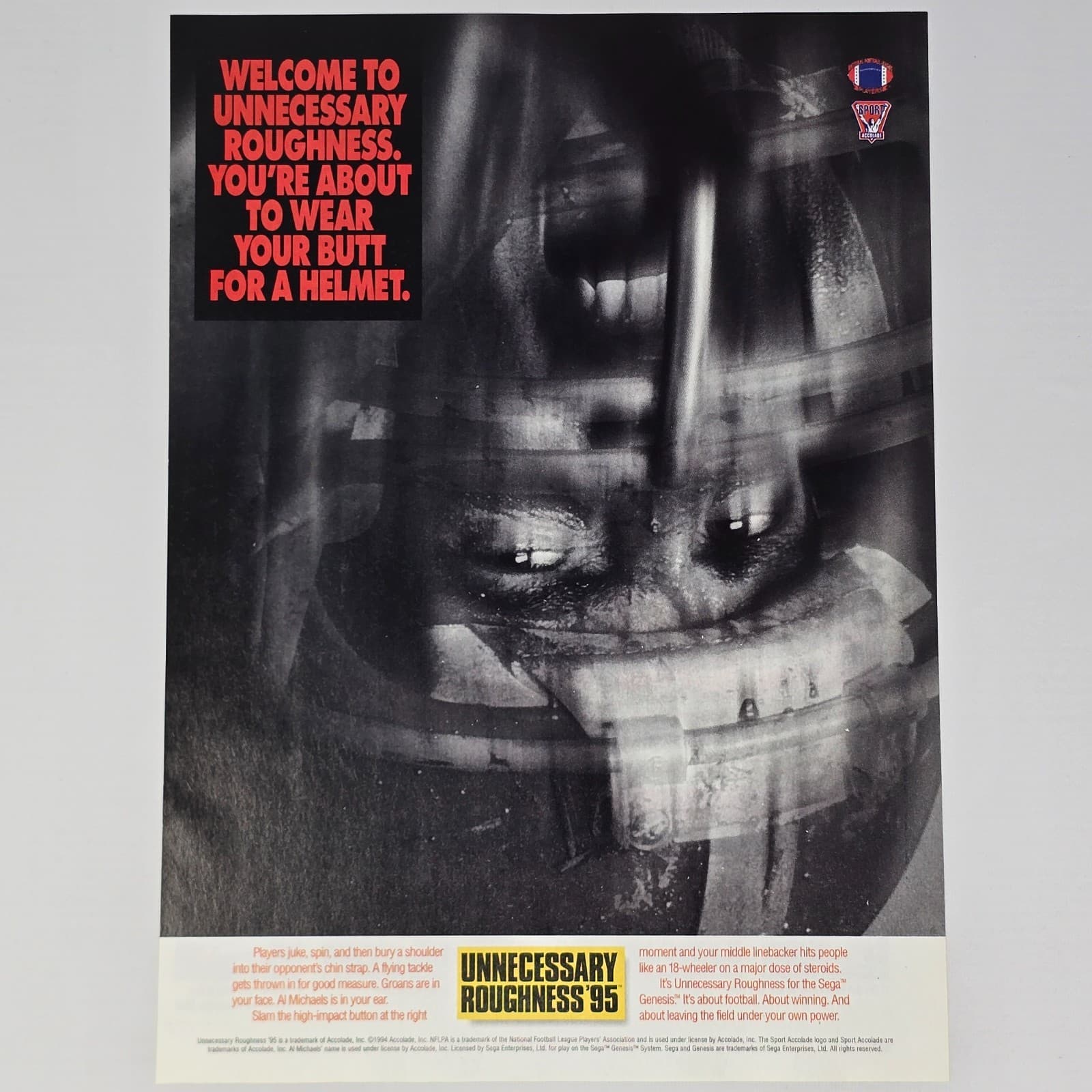 Unnecessary Roughness 95 Sega Genesis A Helmet Print Ad/Poster