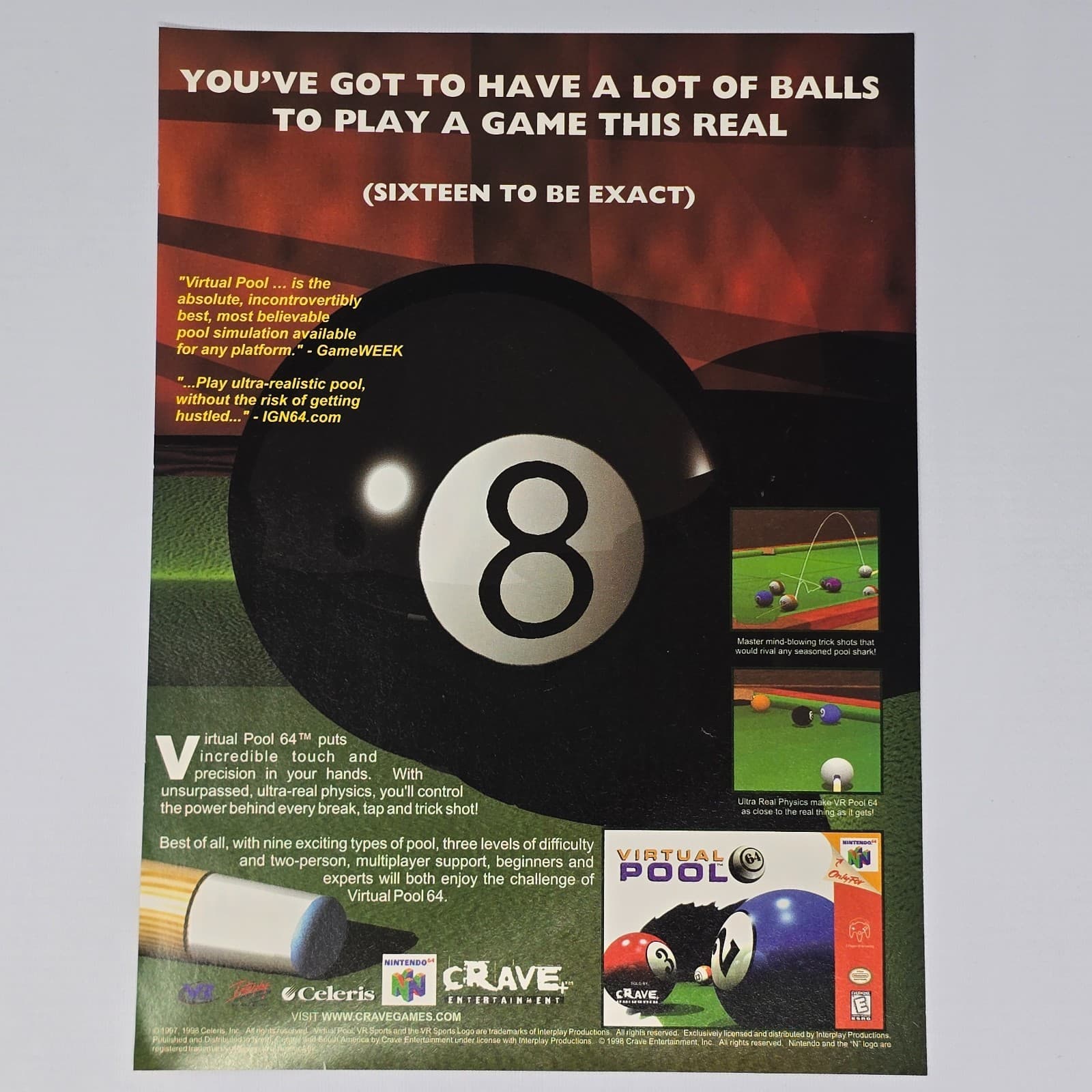 Virtual Pool 64 Nintendo 64 N64 Lot Of Balls Print Ad/Poster