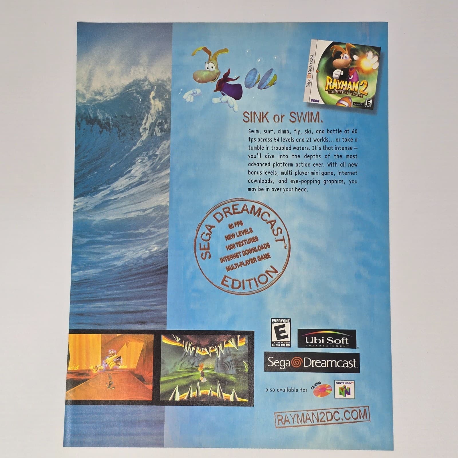 Rayman 2 The Great Escape Sega Dreamcast N64 PC Swim Print Ad/Poster Promo Art