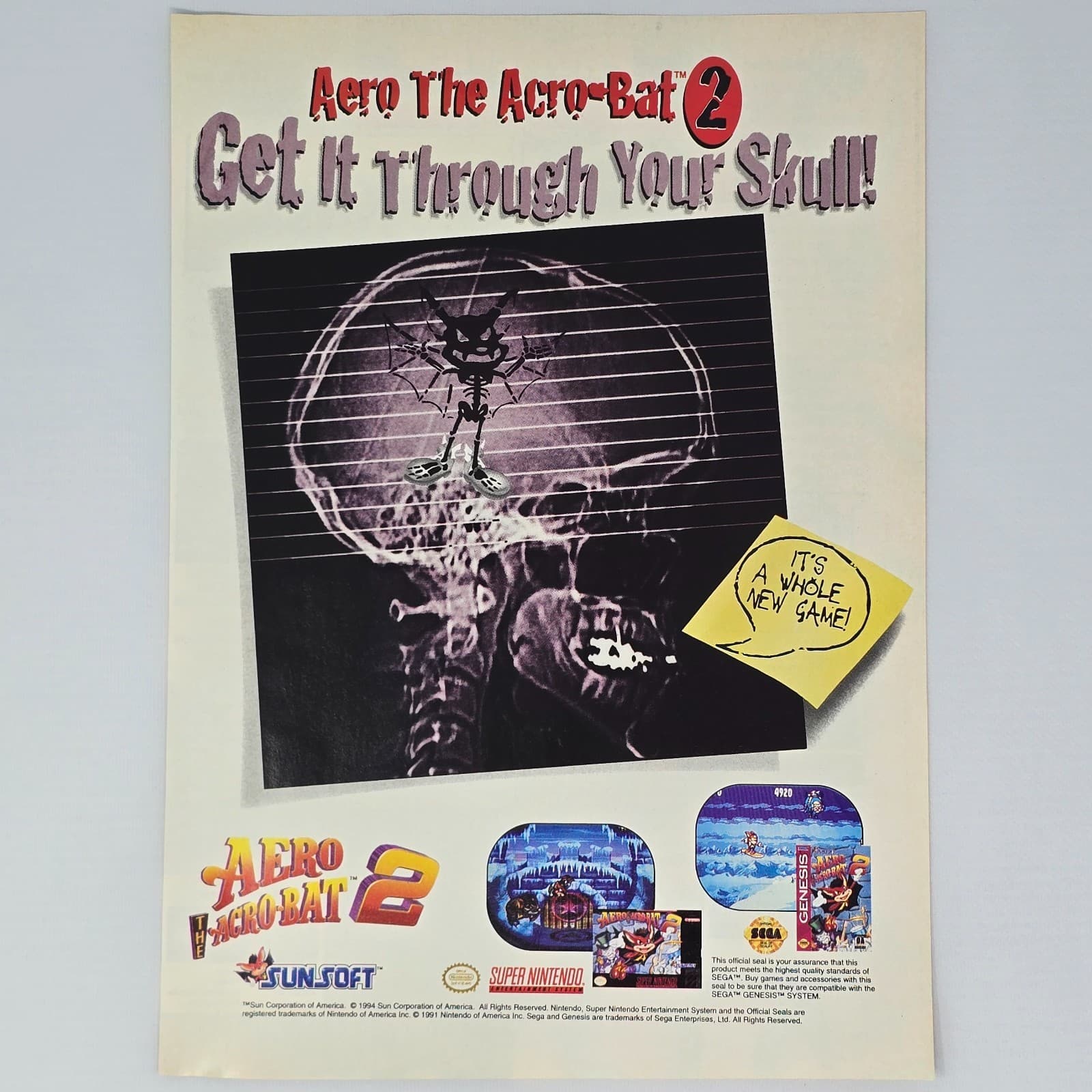Aero The Acro Bat 2 Super Nintendo SNES Sega Genesis Skull Print Ad/Poster
