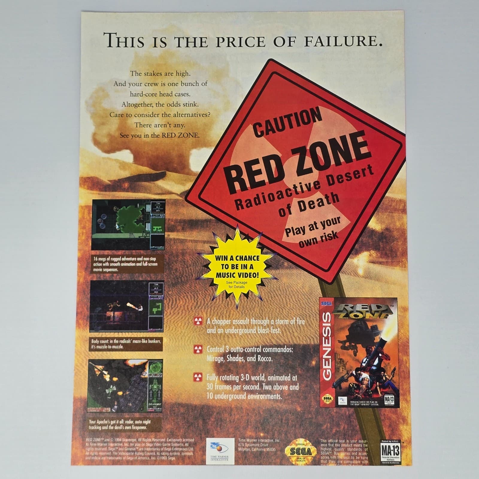 Red Zone Sega Genesis Caution Print Ad/Poster Promo Art