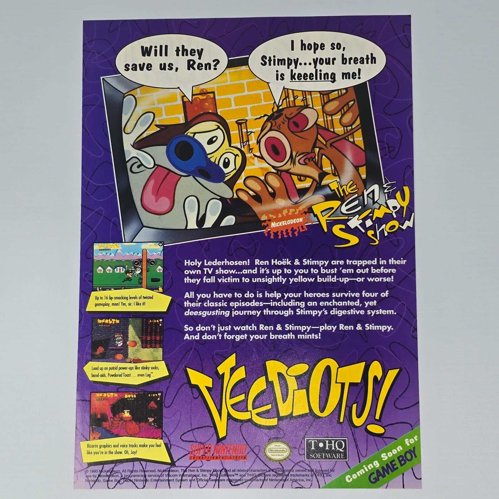 The Ren & Stimpy Show Super Nintendo SNES Veediots Print Ad/Poster Promo Art