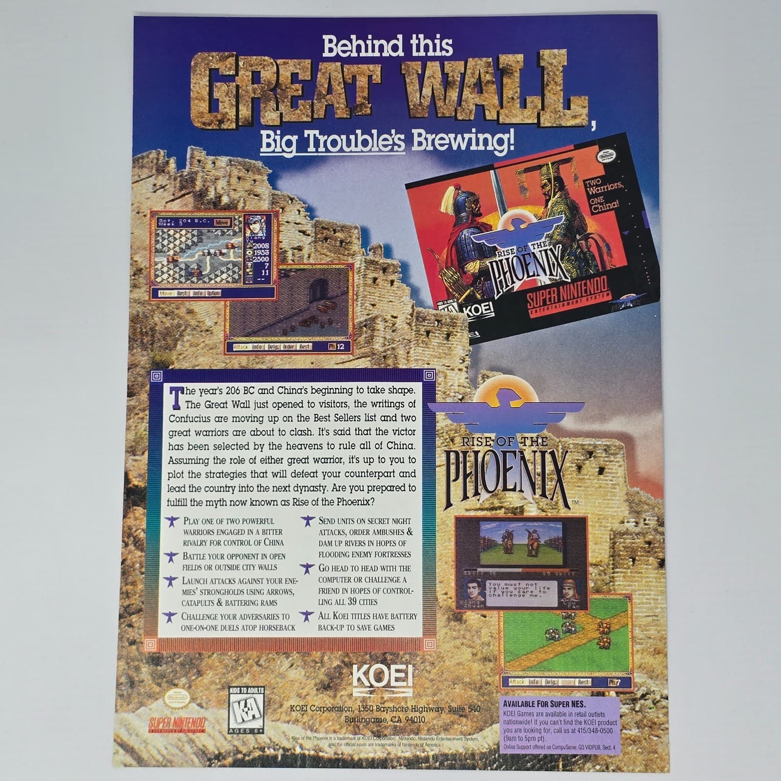Rise of the Phoenix Super Nintendo SNES Great Wall Print Ad/Poster Promo Art