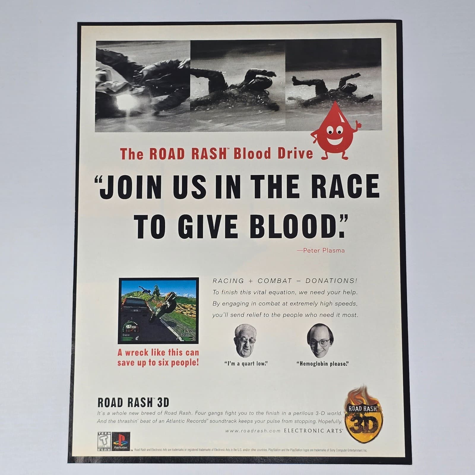 Road Rash 3D PlayStation 1 PS1 Race to Give Blood Print Ad/Poster Promo Art