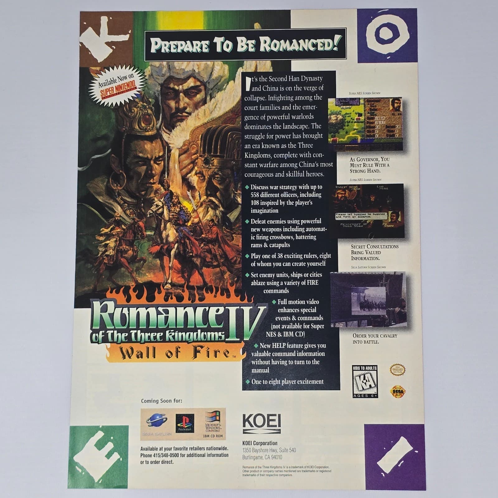 Romance of the Three Kingdoms IV 4 Saturn PS1 PC Prep Print Ad/Poster Promo Art