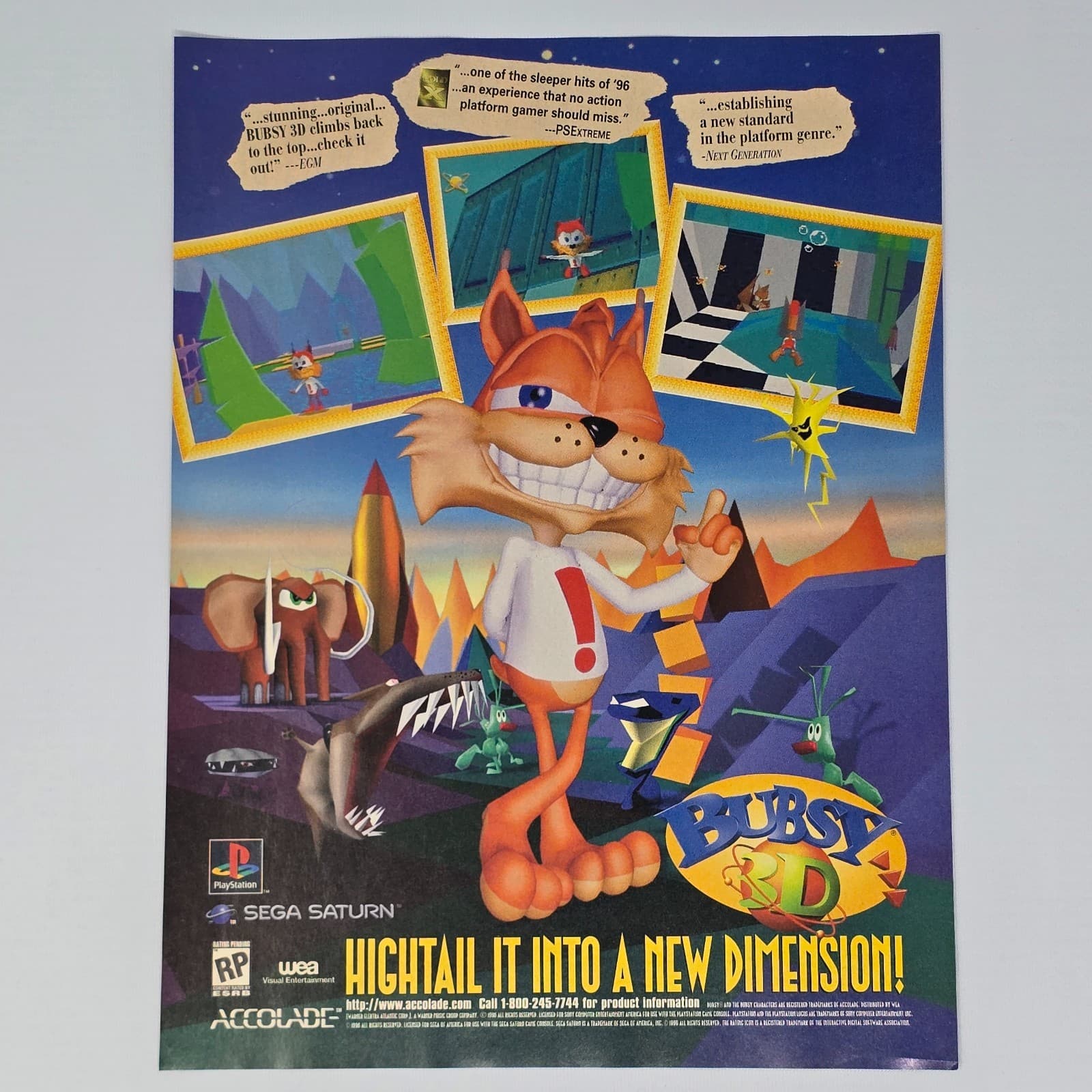 Bubsy 3D PlayStation 1 PS1 Sega Saturn Sleeper Print Ad/Poster
