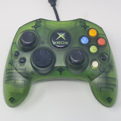Original Xbox OEM S Type Clear Halo Green Controller w/ Breakaway Cable TESTED