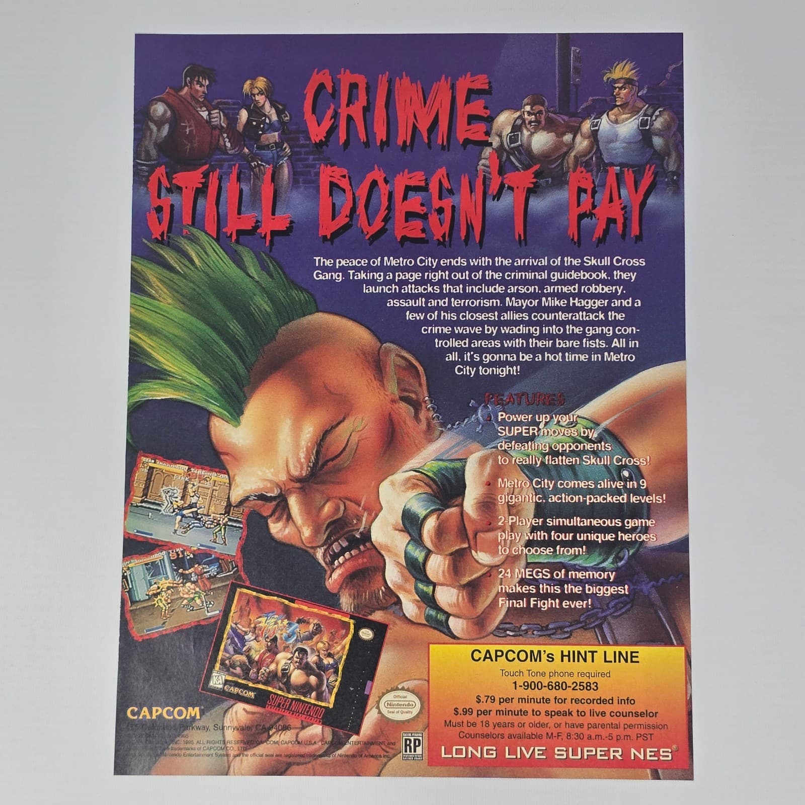 Final Fight 3 Super Nintendo SNES Crime Doesn't Pay Print Ad/Poster Promo Art
