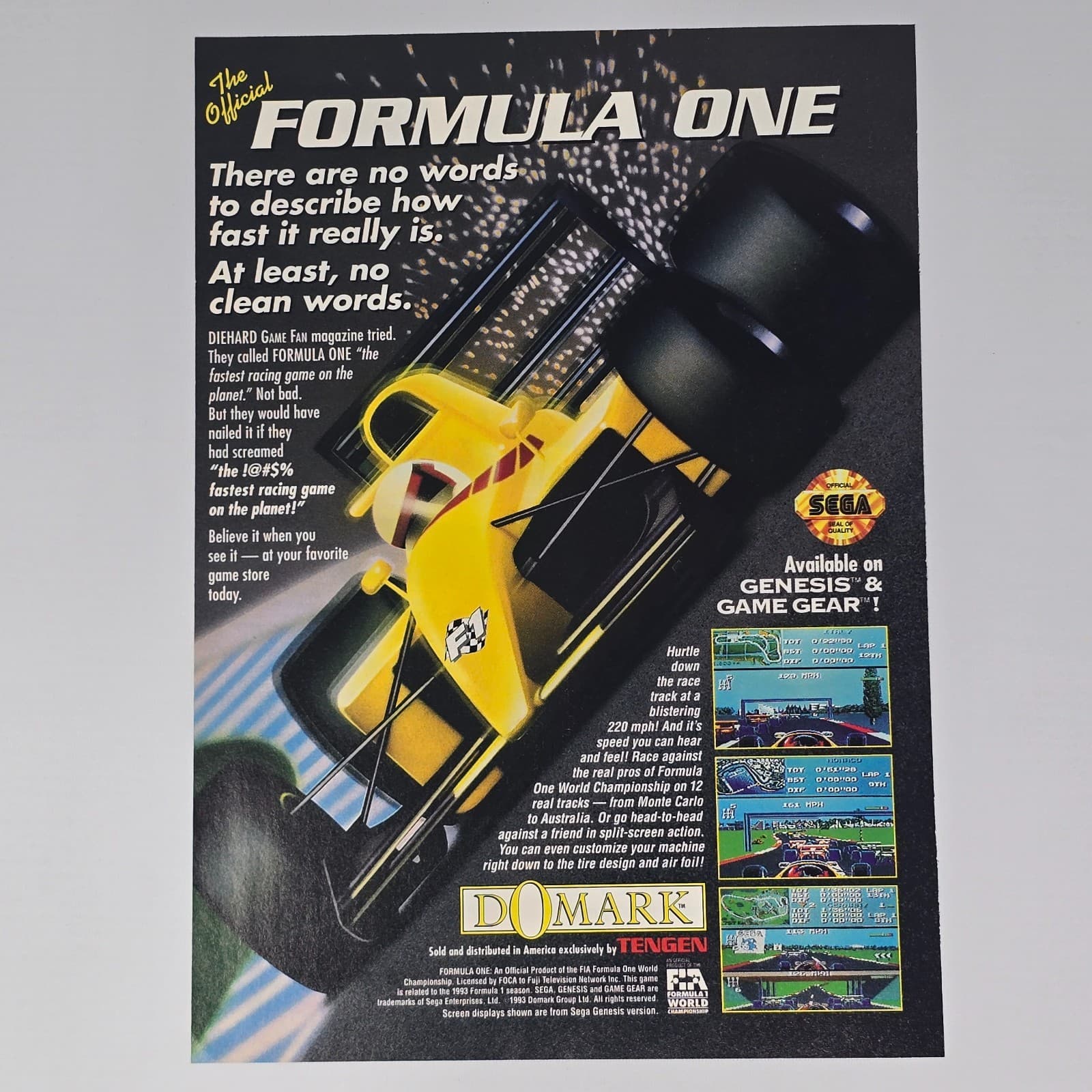 Formula One Sega Genesis Game Gear Fast Print Ad/Poster Promo Art