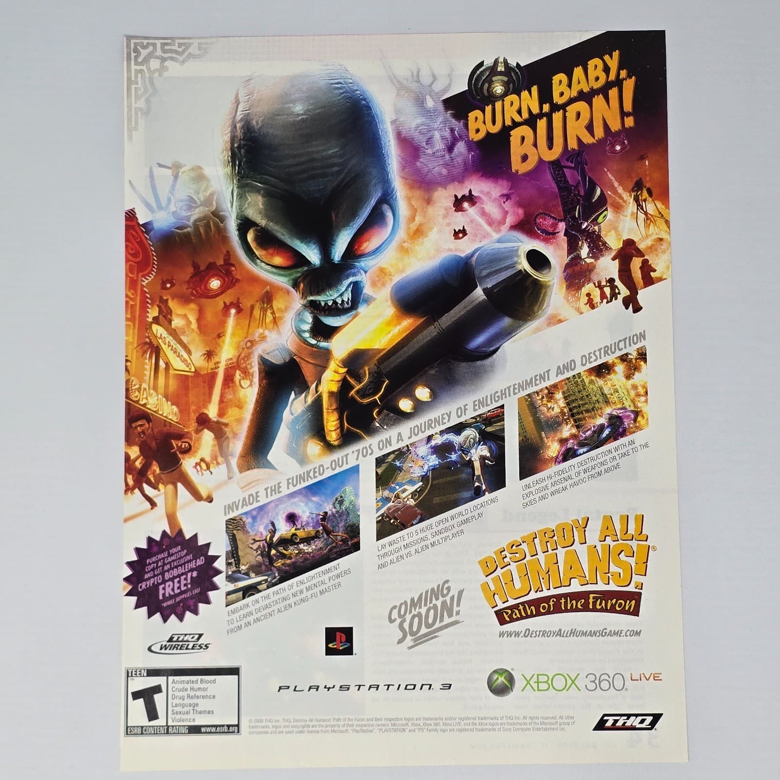 Destroy All Humans Path Of The Furon PS3 Xbox 360 Burn Baby Printer Ad/Poster