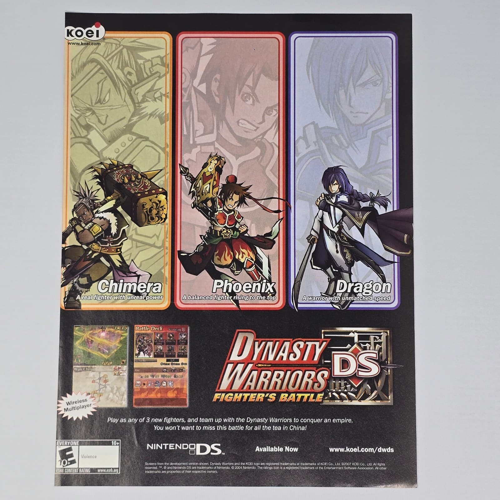Dynasty Warriors DS Fighters Battle Nintendo DS NDS Dragon Printer Ad/Poster