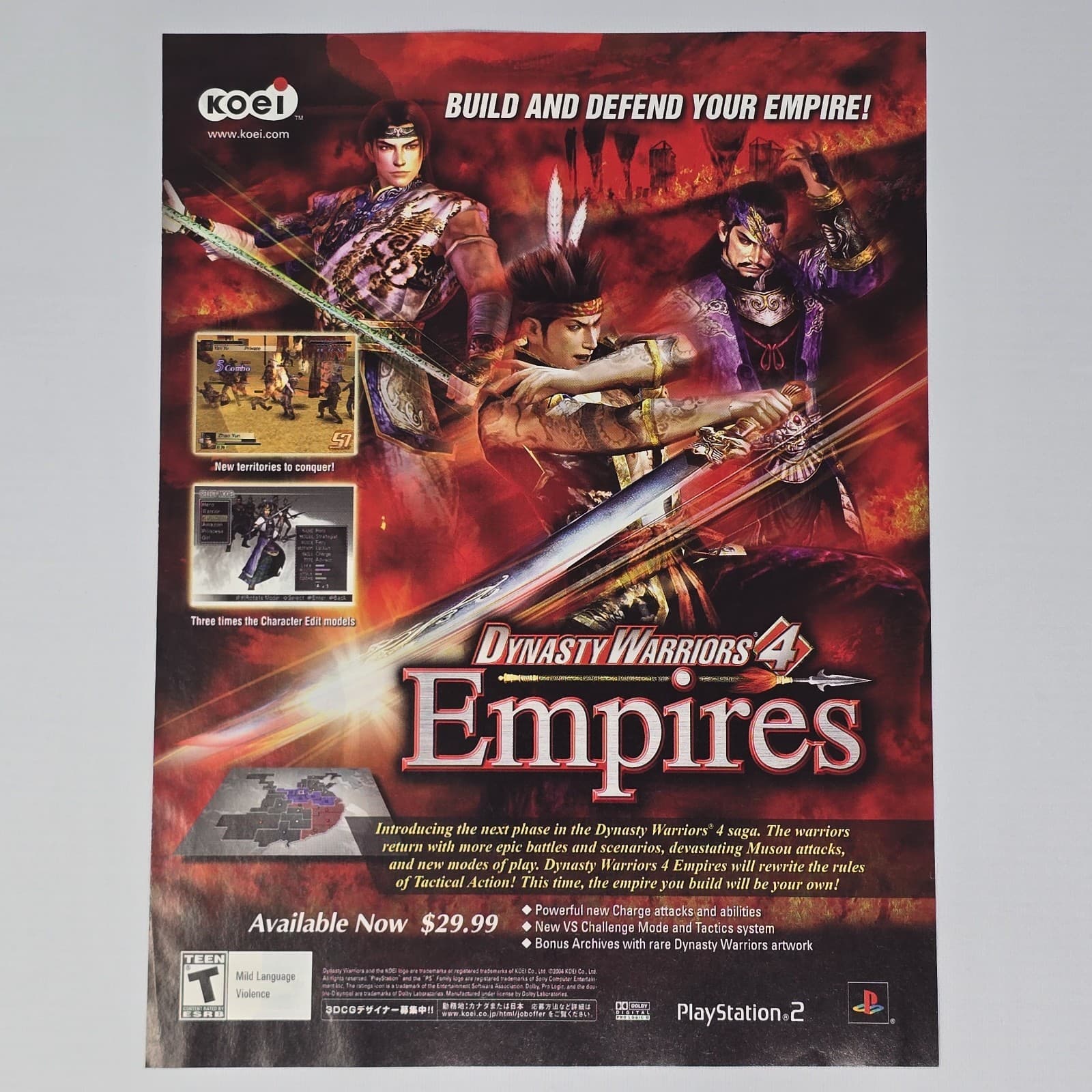 Dynasty Warriors 4 Empires PlayStation 2 PS2 Defend Printer Ad/Poster