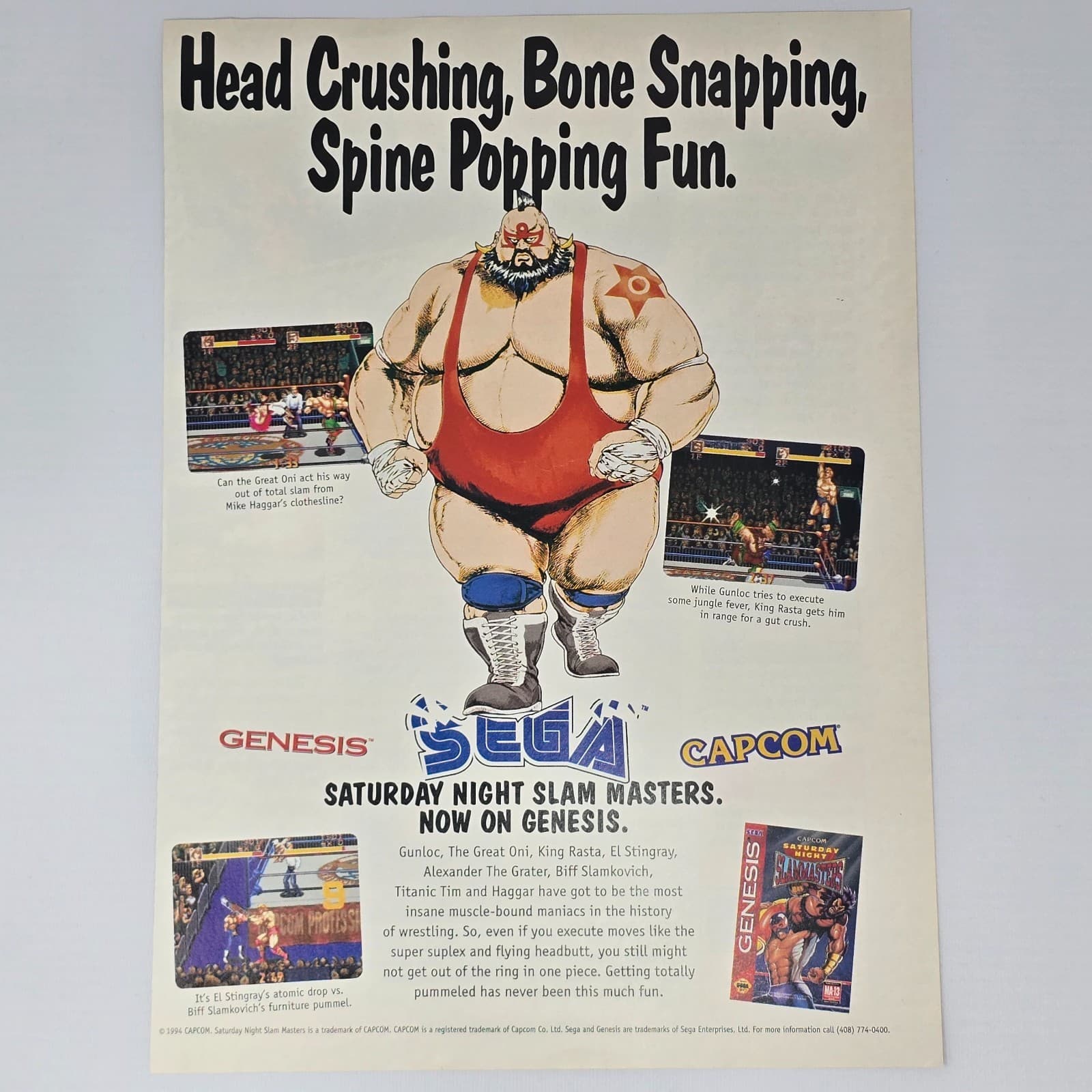 Saturday Night Slam Masters Sega Genesis Crushing Print Ad/Poster Promo Art