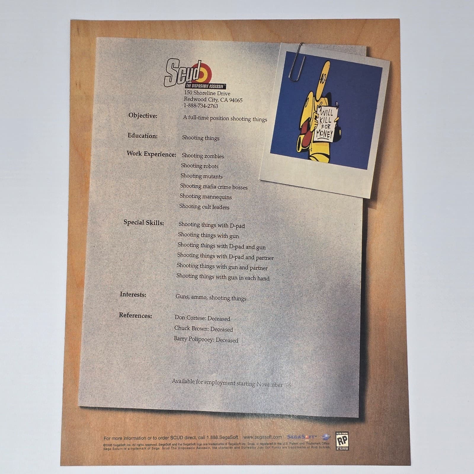 Scud The Disposable Assassin Sega Saturn PC Will Kill Print Ad/Poster Promo Art