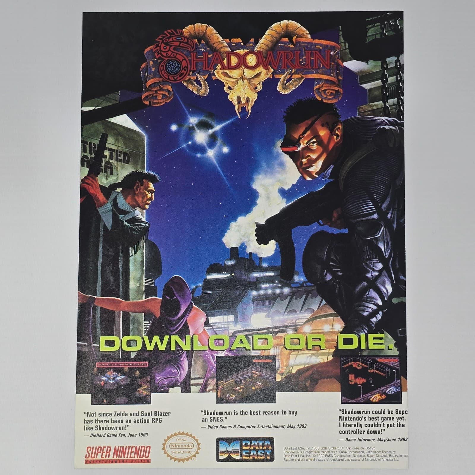 Shadowrun Super Nintendo SNES Download or Die Print Ad/Poster Promo Art
