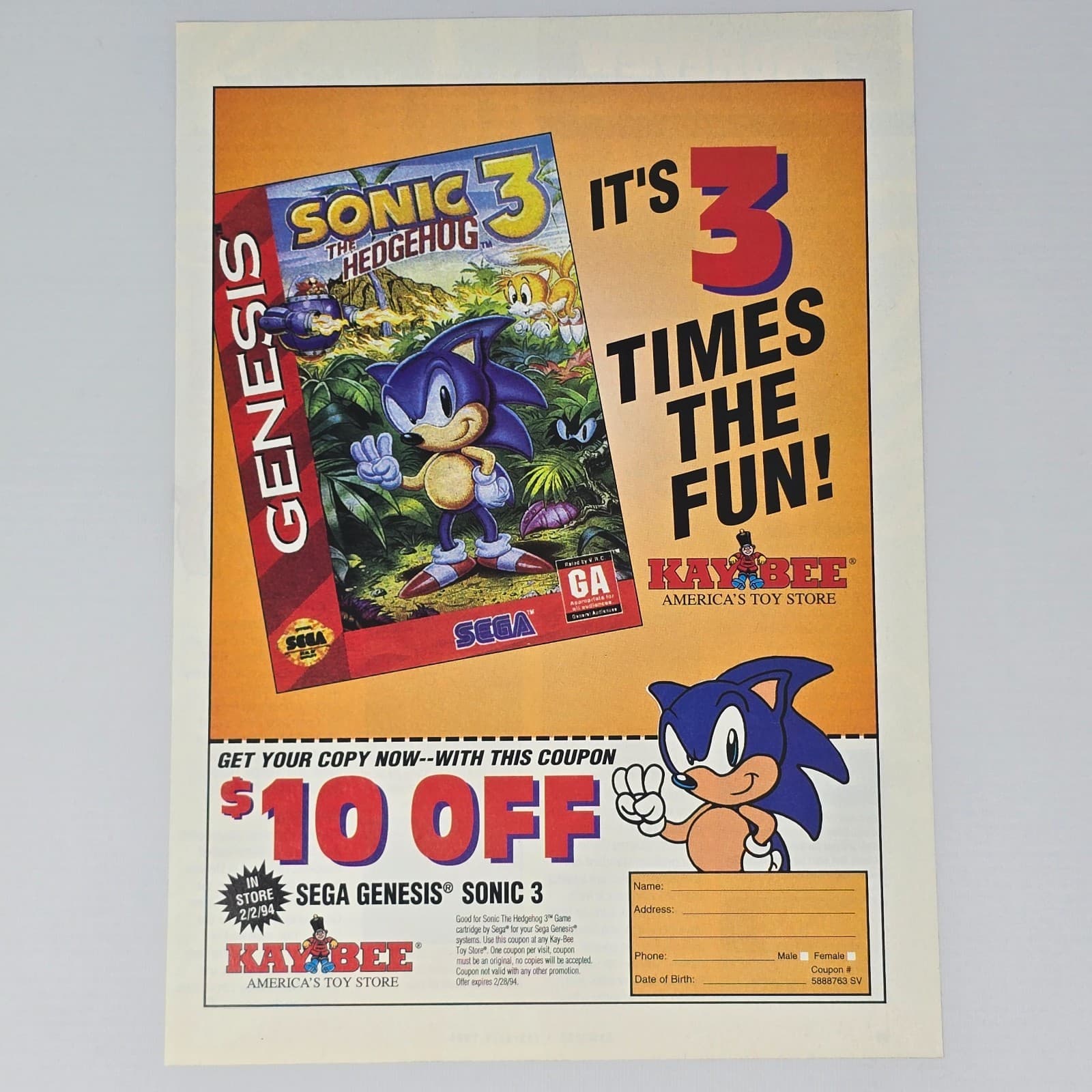 Sonic the Hedgehog 3 Sega Genesis Kay Bee Toys Fun Print Ad/Poster Promo Art