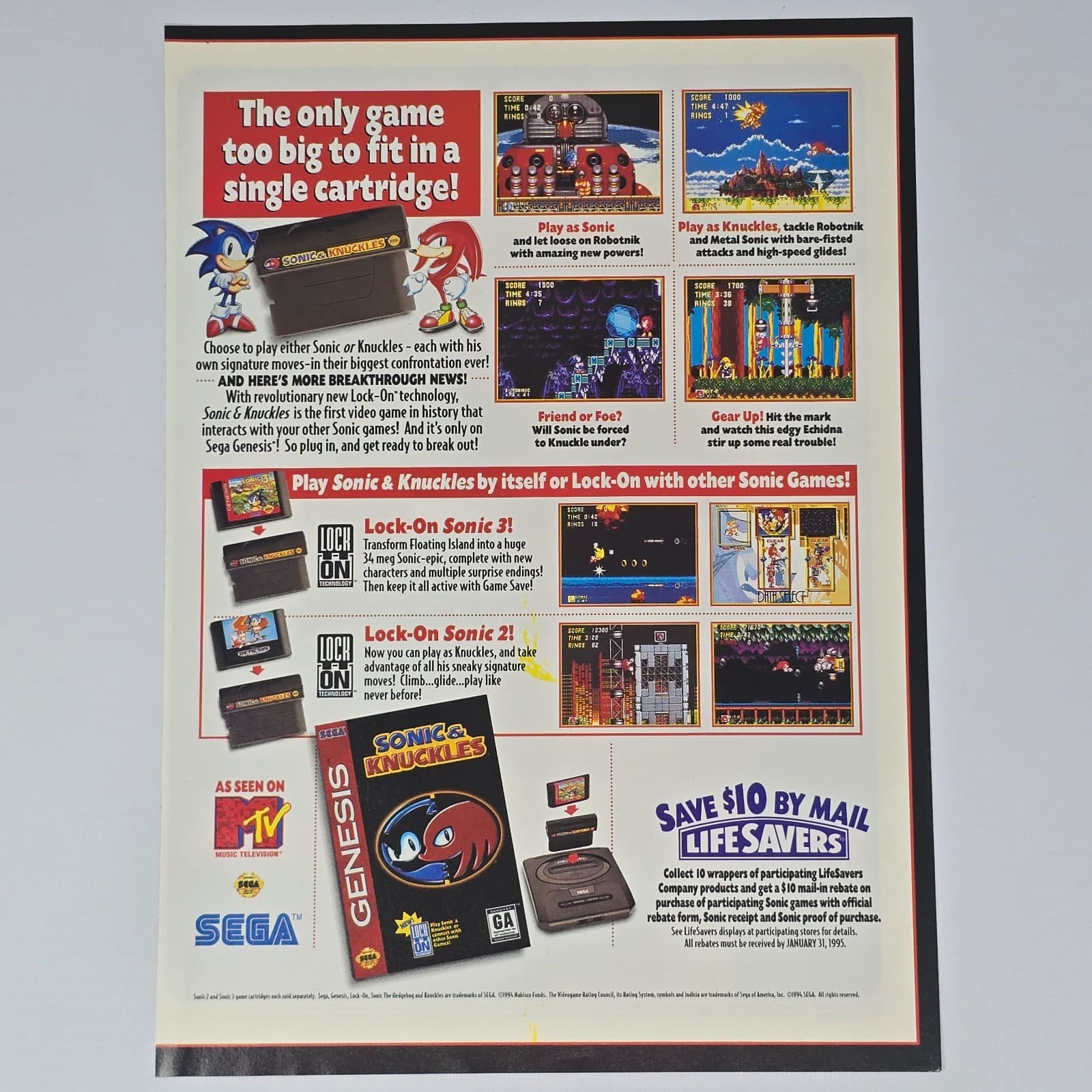 Sonic & Knuckles Sega Genesis MTV Lock-On Print Ad/Poster Promo Art