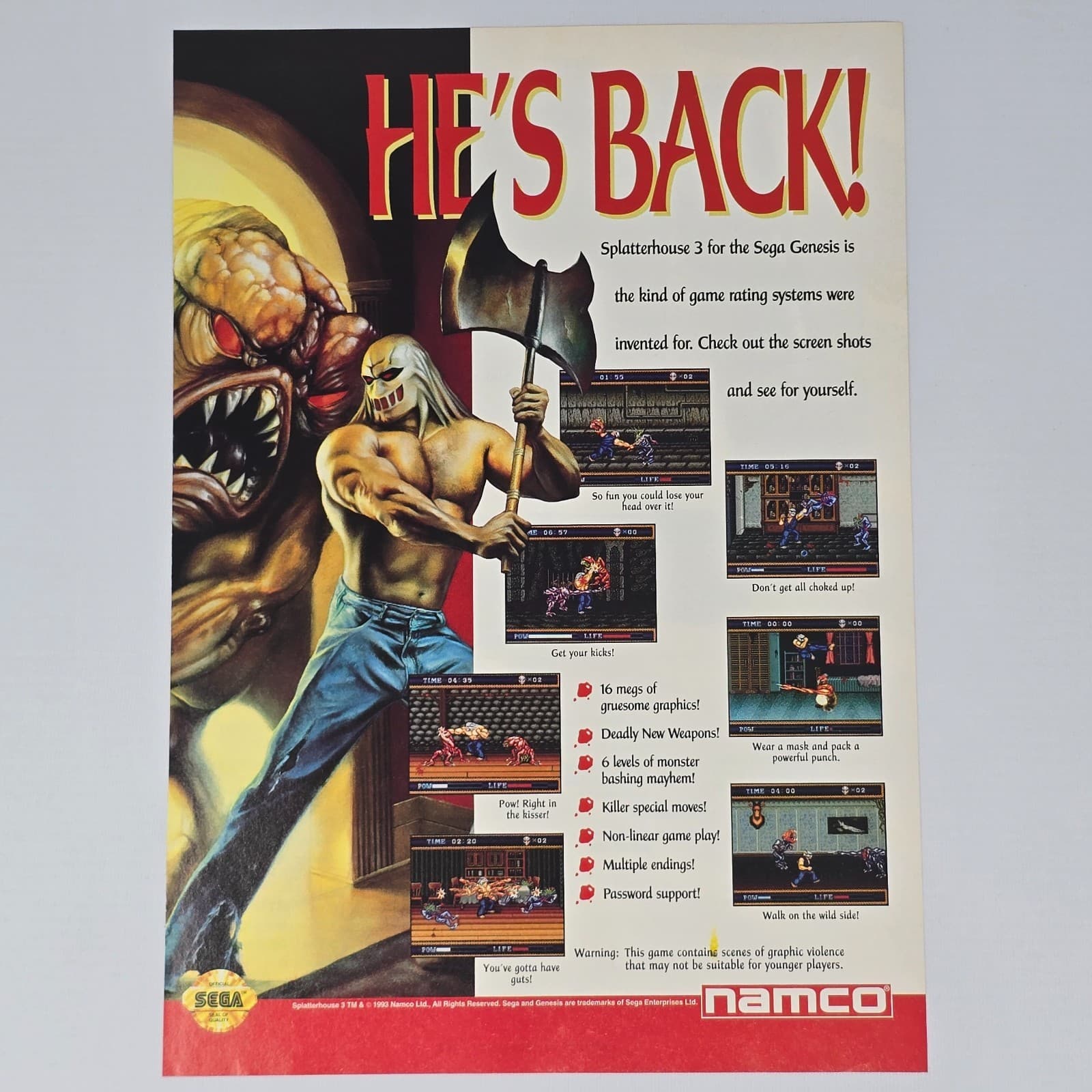 Splatterhouse 3 Sega Genesis He's Back Print Ad/Poster Promo Art