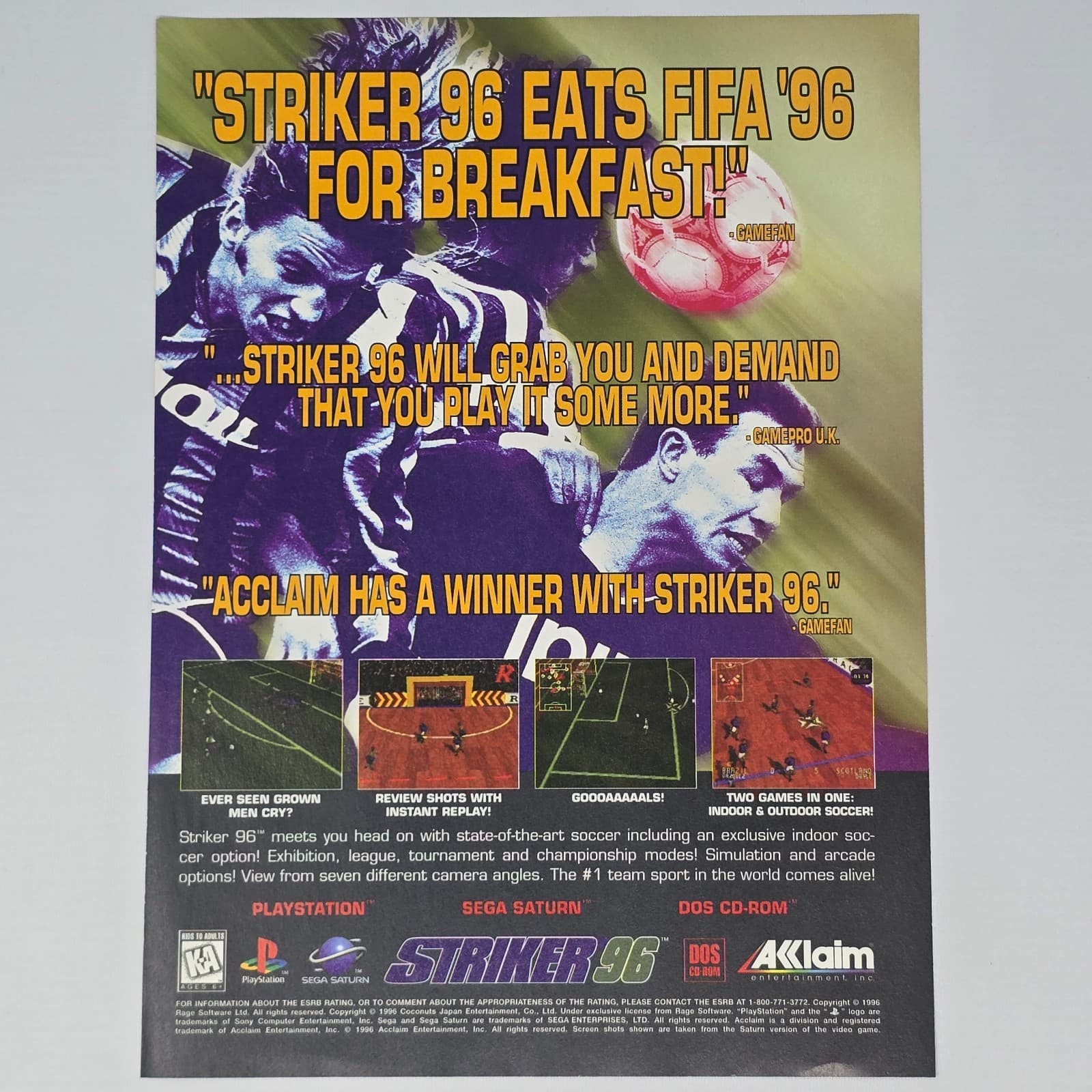 Striker 96 PlayStation 1 PS1 Sega Saturn PC Eats FIFA Print Ad/Poster Promo Art