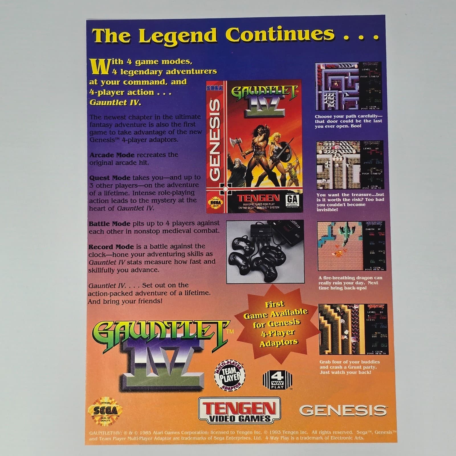 Gauntlet IV 4 Sega Genesis 4 Way Play Legend Print Ad/Poster Promo Art