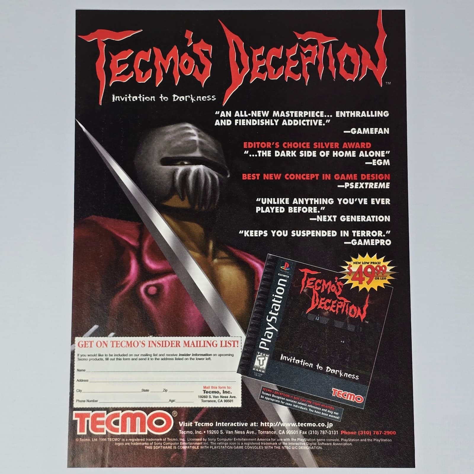 Tecmo's Deception PS1 Invitation to Darkness Print Ad/Poster Promo Art