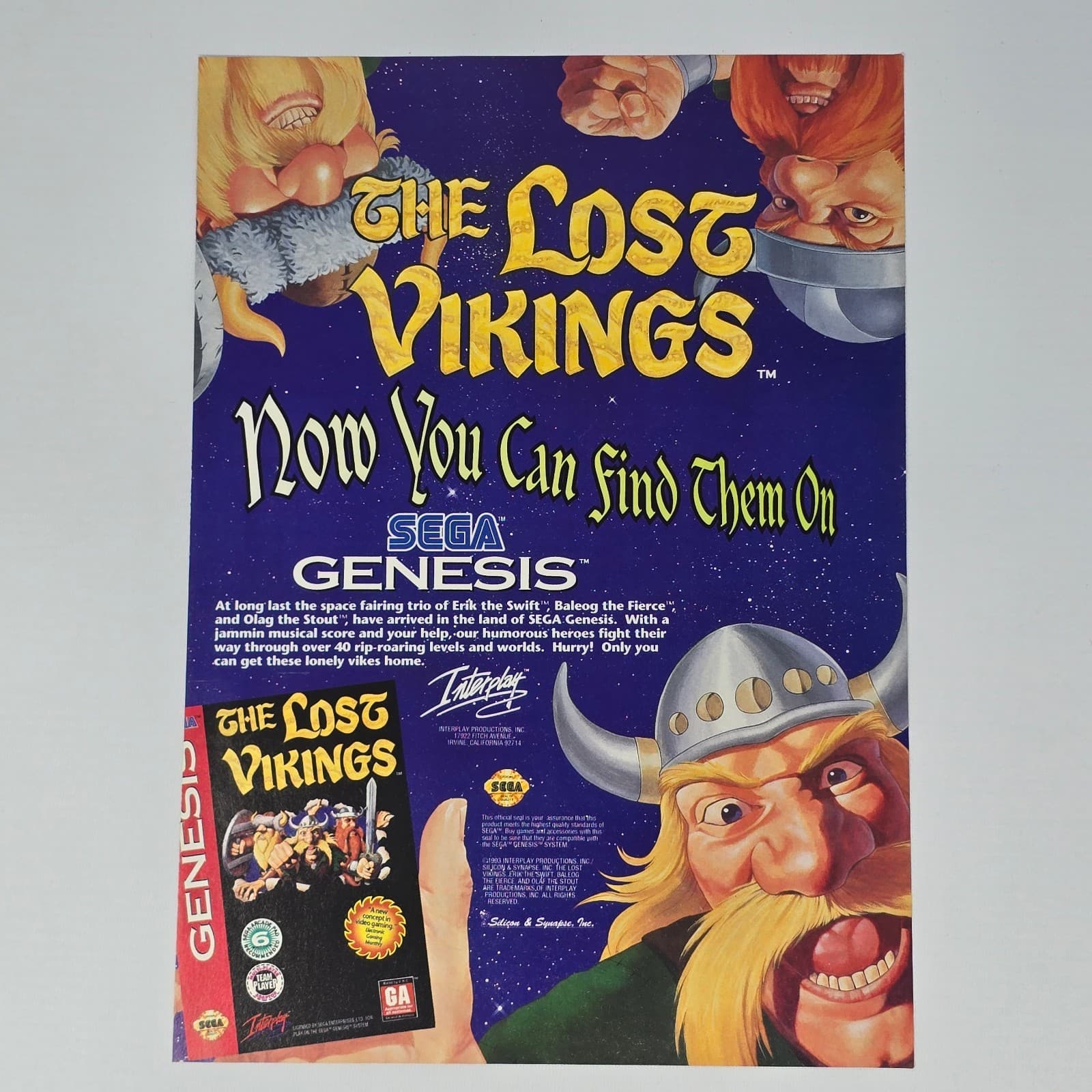 The Lost Vikings Sega Genesis Find Them Print Ad/Poster Promo Art