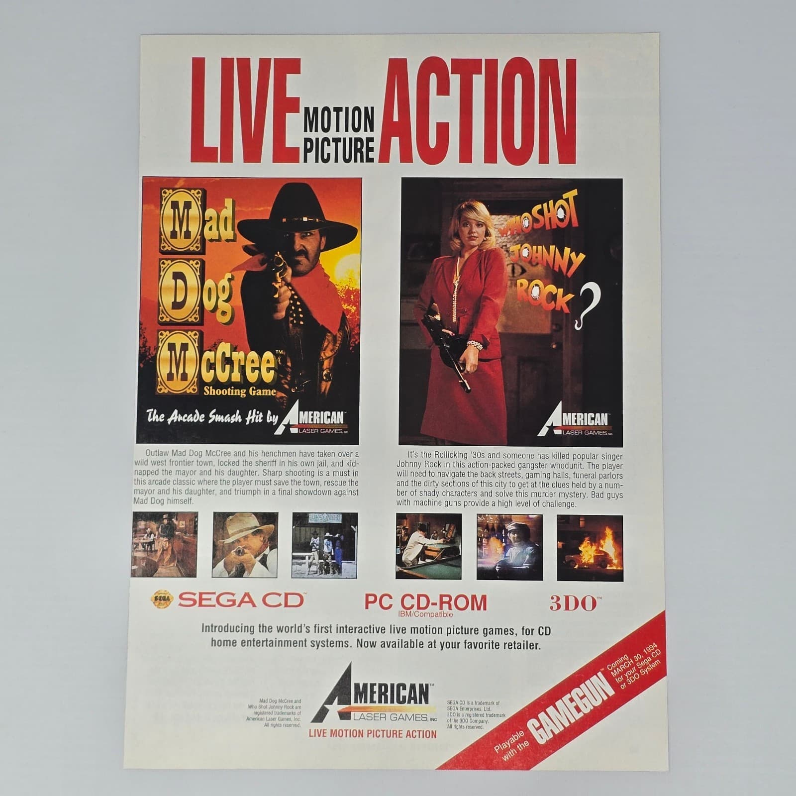 Mad Dog McCree Who Shot Johnny Rock Sega CD 3DO PC Print Ad/Poster Promo Art