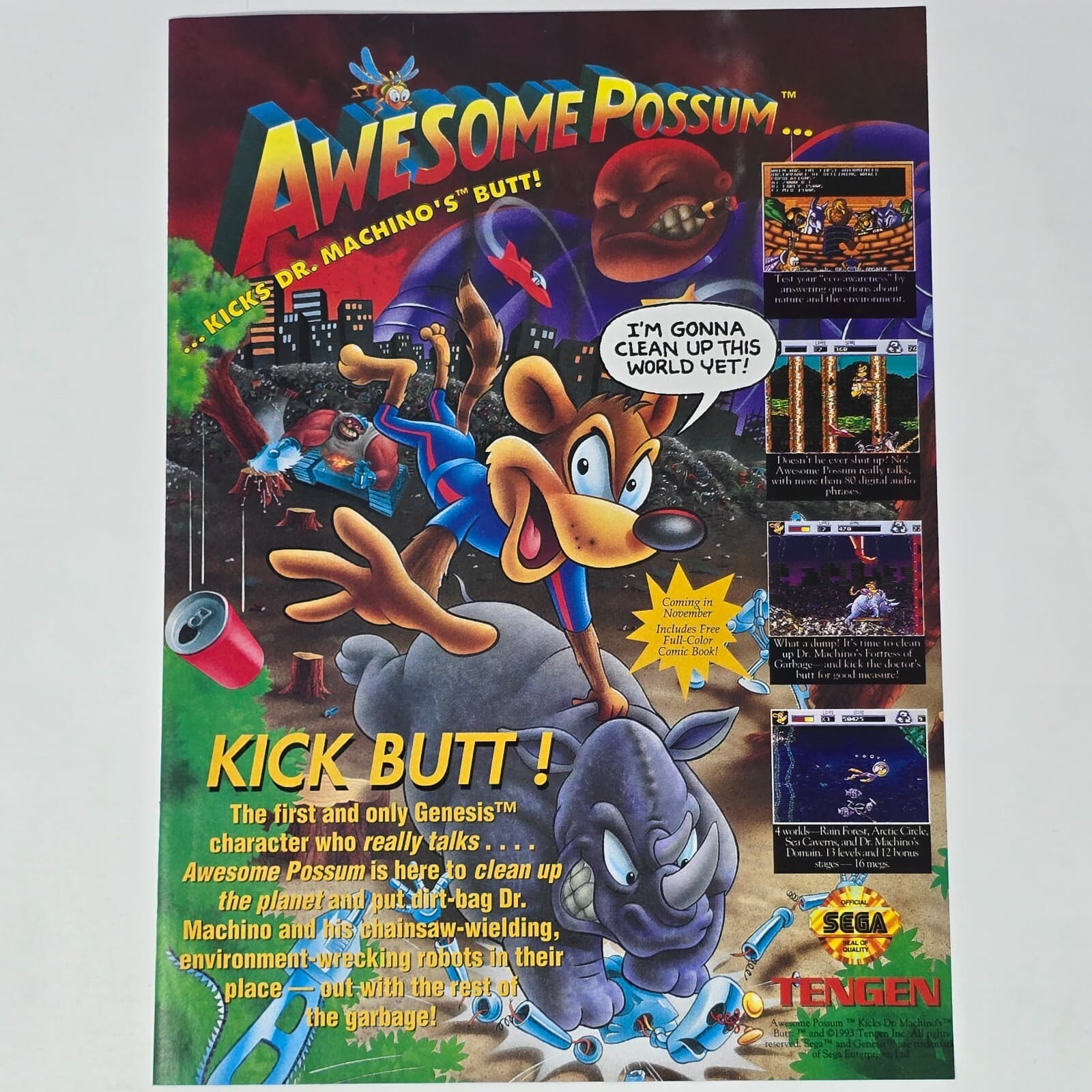 Awesome Possum Sega Genesis Kick Butt Print Ad/Poster Promo Art