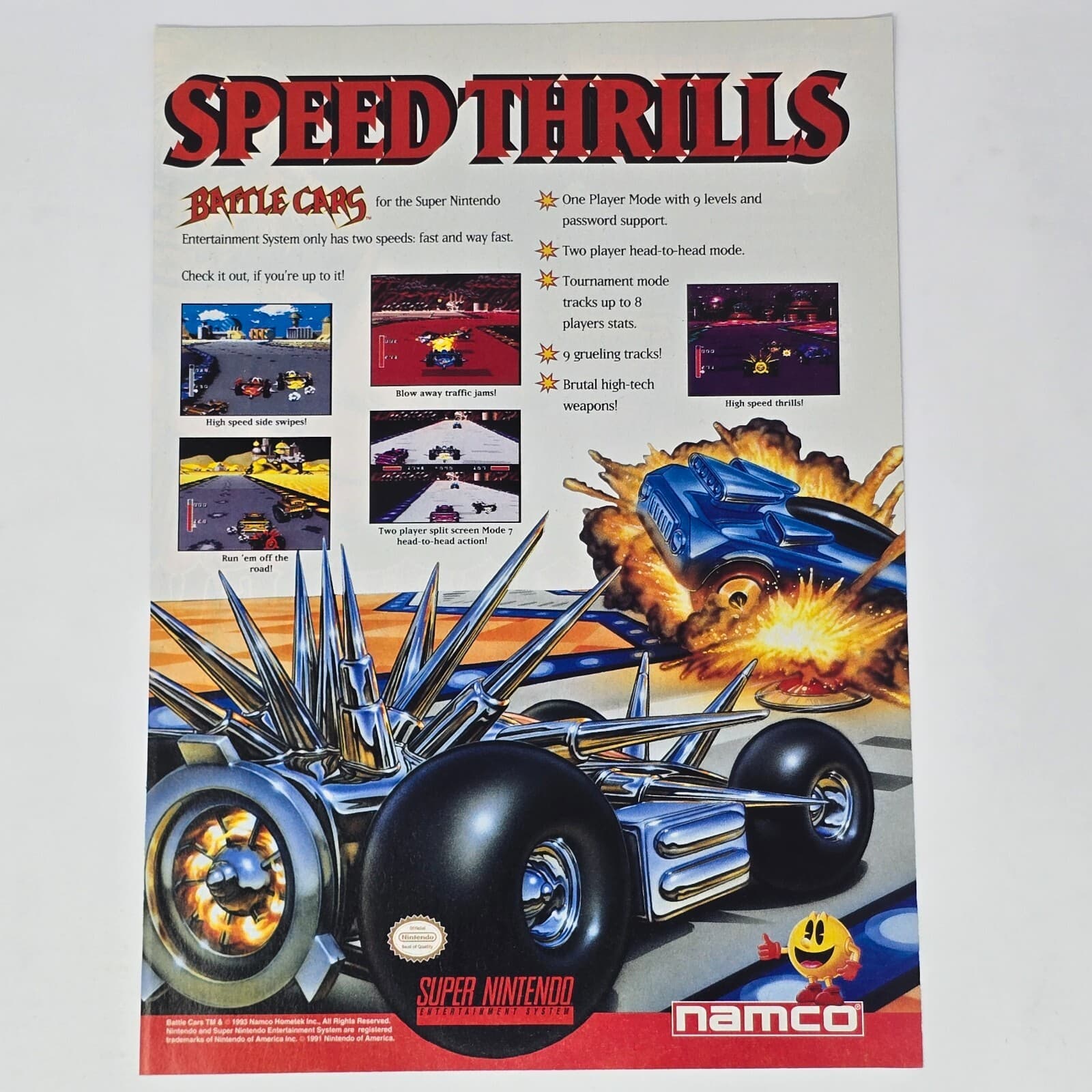 Battle Cars Super Nintendo SNES Speed Thrills Print Ad/Poster Promo Art