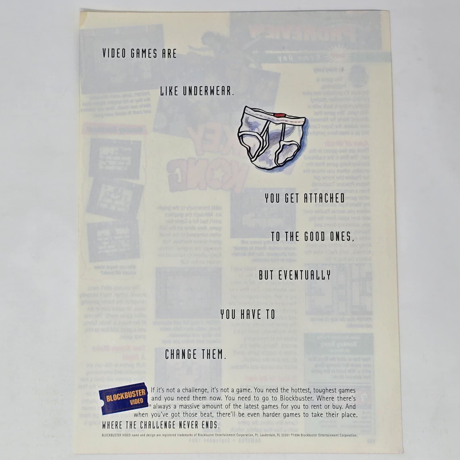 Blockbuster Video SNES Genesis NES PS1 Underwear Print Ad/Poster Promo Art