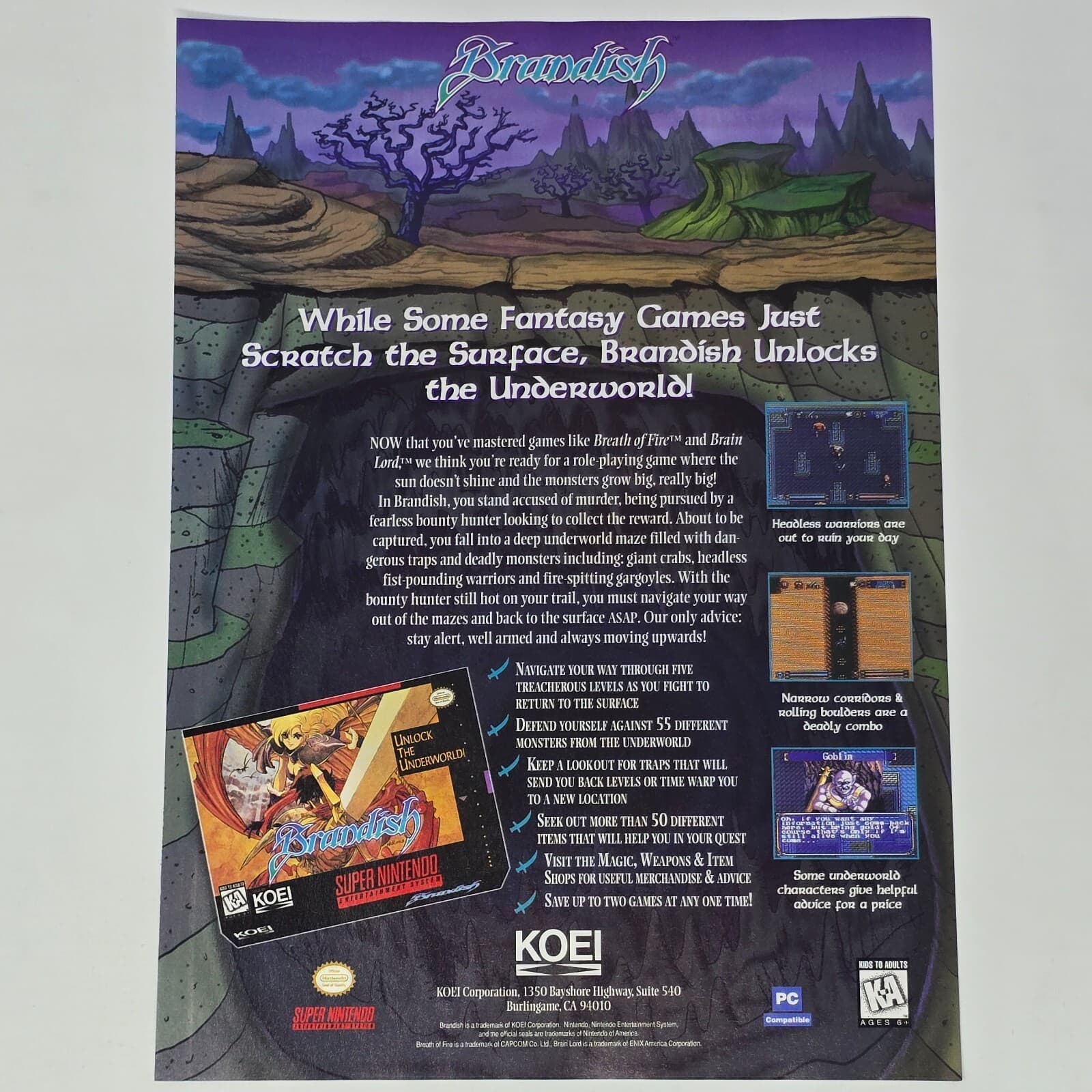 Brandish Super Nintendo SNES PC Underworld Print Ad/Poster Promo Art