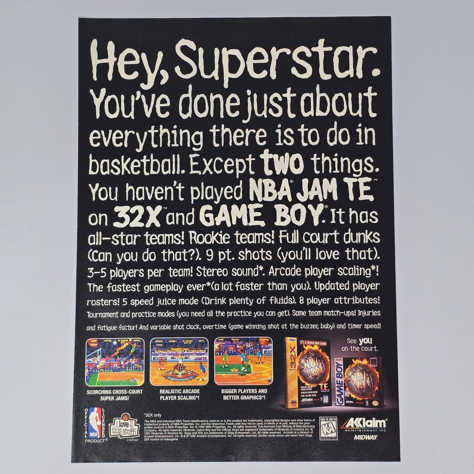 NBA Jam T.E. Sega Genesis 32X GameBoy Superstar Print Ad/Poster Promo Art