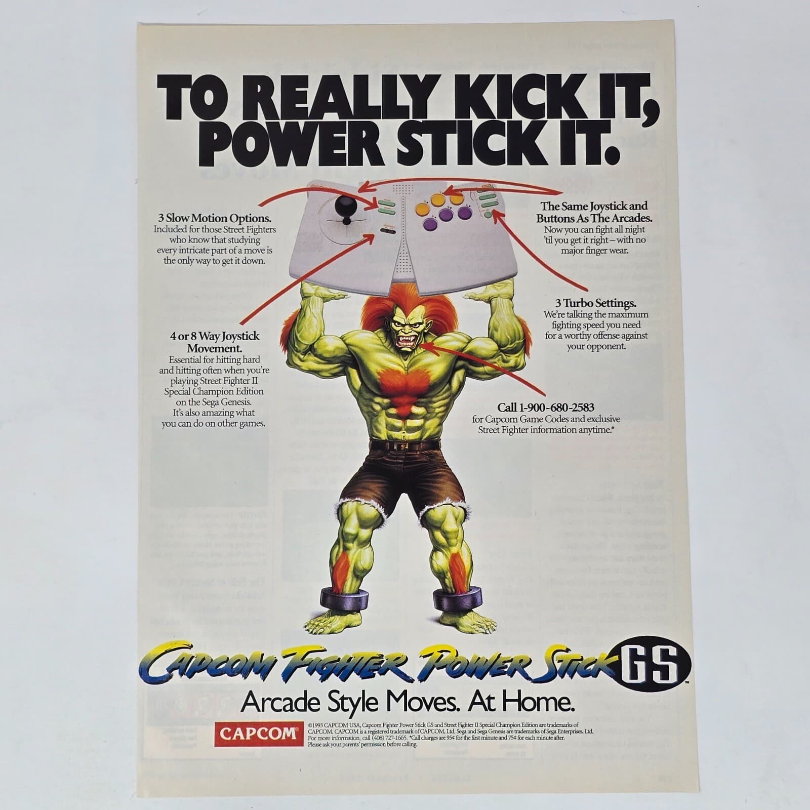 Capcom Fighter Power Stick Sega Genesis Street Fighter Kick Print Ad/Poster Art