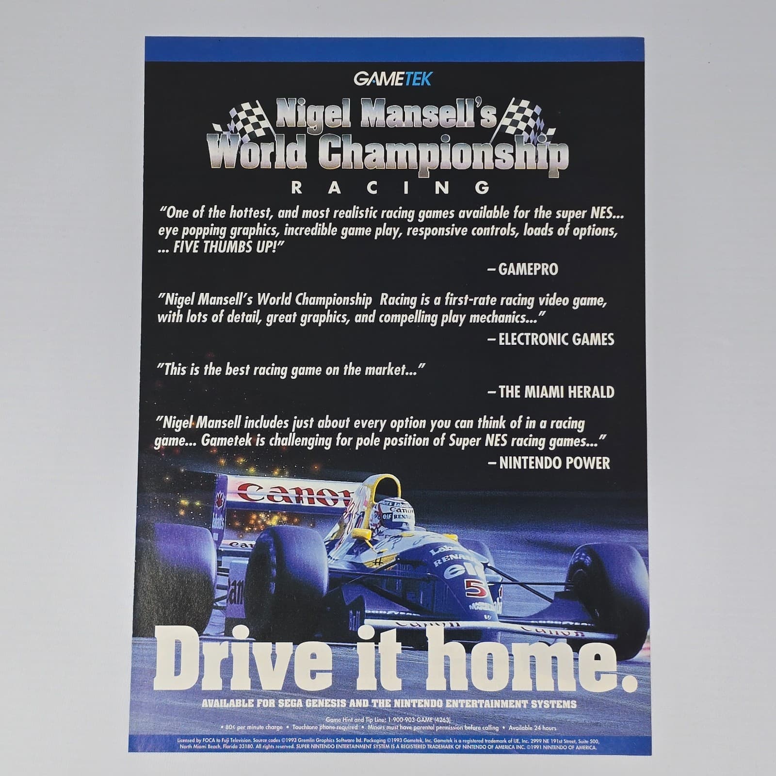 Nigel Mansell's World Championship Racing NES Drive It Print Ad/Poster Promo Art