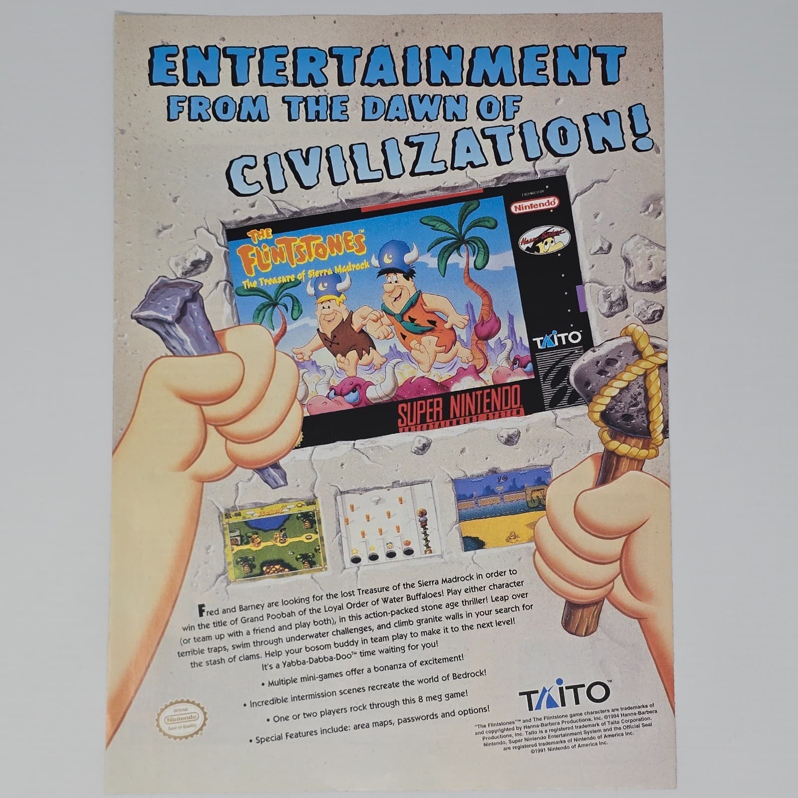 The Flintstones Super Nintendo SNES Civilization Print Ad/Poster