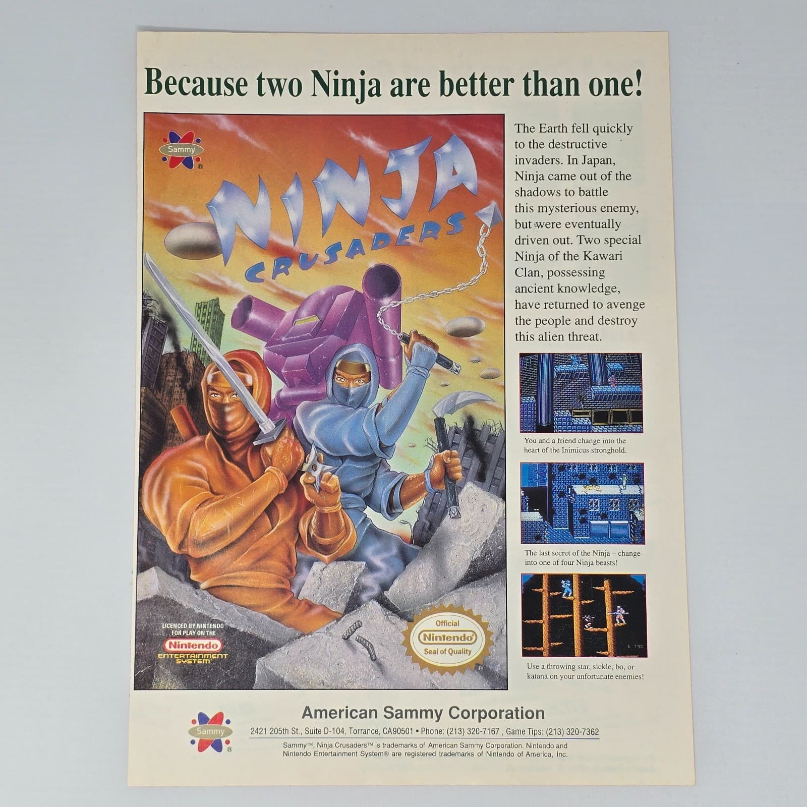 Ninja Crusaders Nintendo NES Two Ninja Print Ad/Poster Promo Art