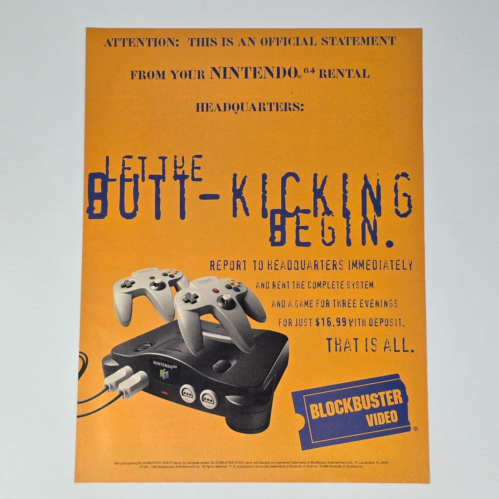 Nintendo 64 N64 Blockbuster Video Butt-Kicking Print Ad/Poster Promo Art