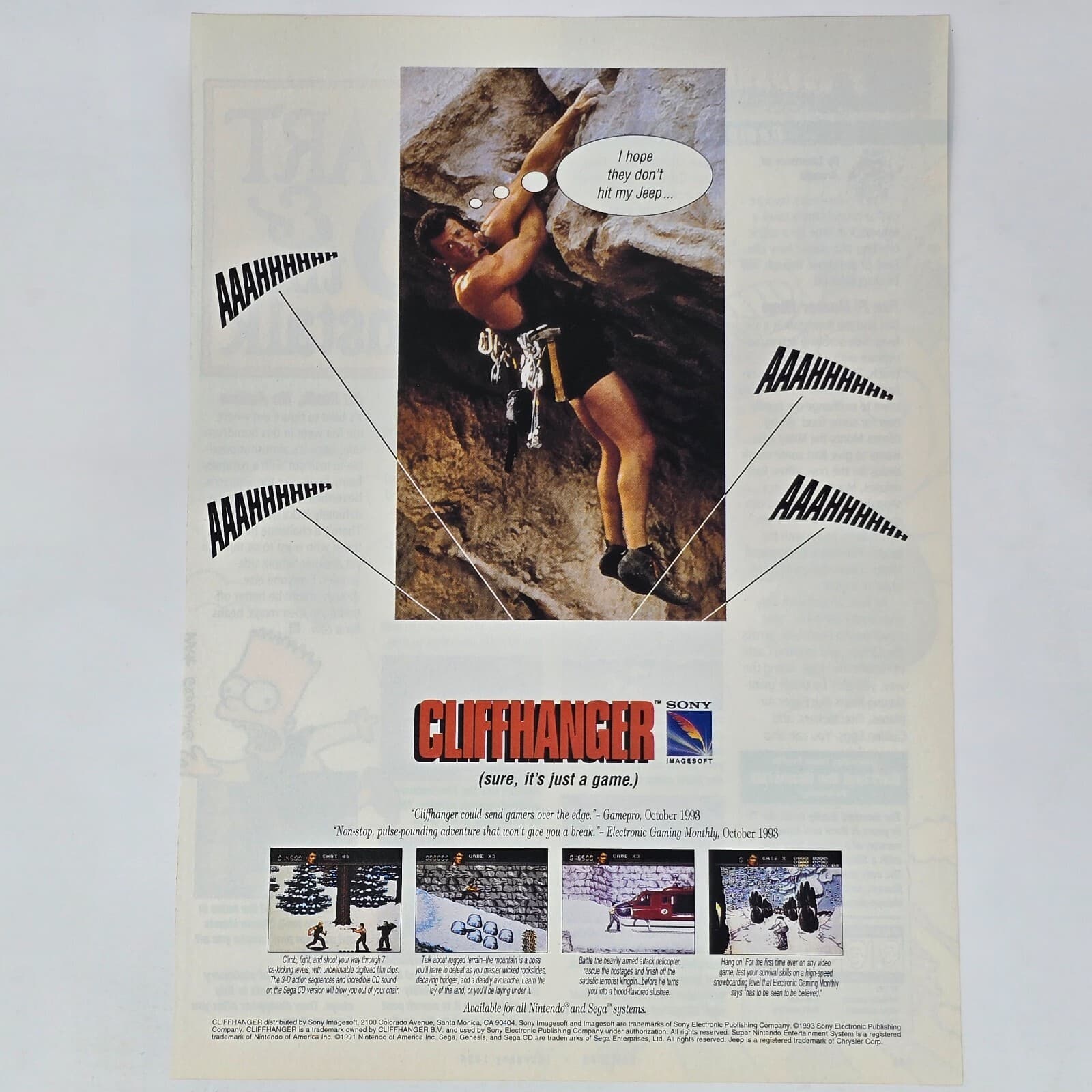 Cliffhanger Sega Genesis CD Nintendo NES SNES GameBoy Sure Print Ad/Poster Art