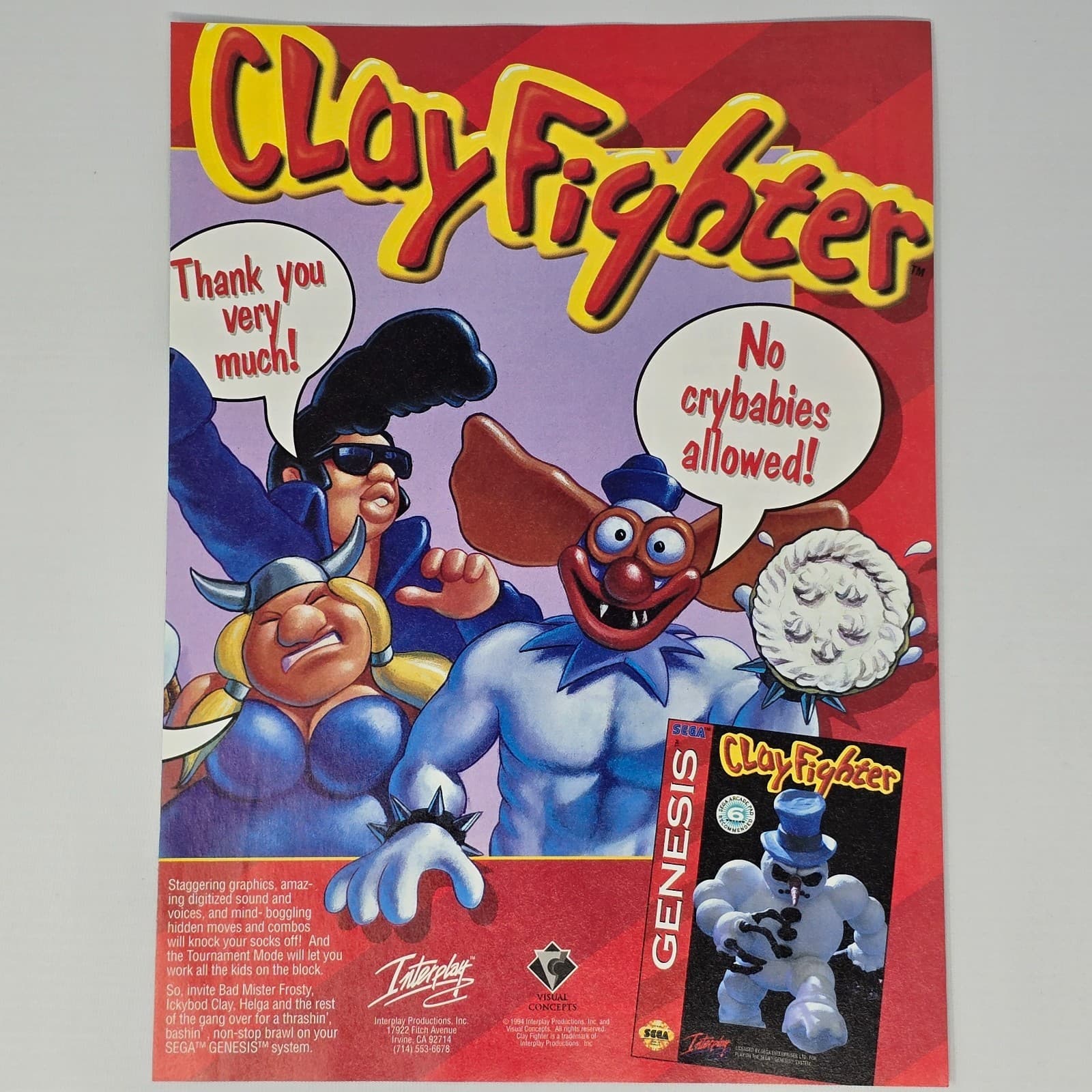Clay Fighter Sega Genesis No Crybabies Allowed Print Ad/Poster
