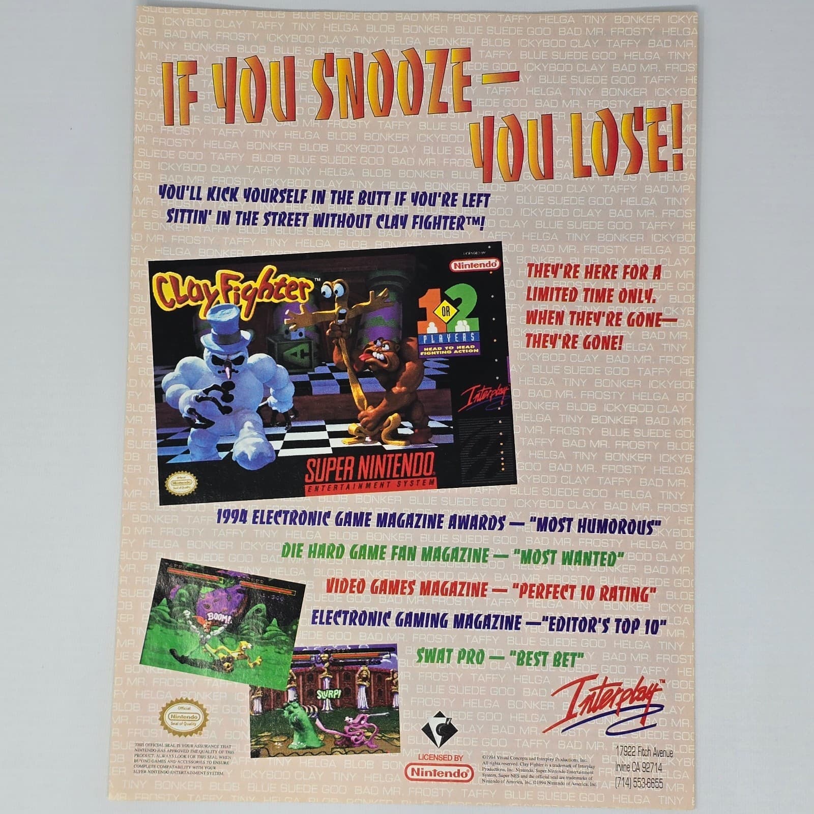 Clay Fighters Super Nintendo SNES Snooze You Lose Print Ad/Poster